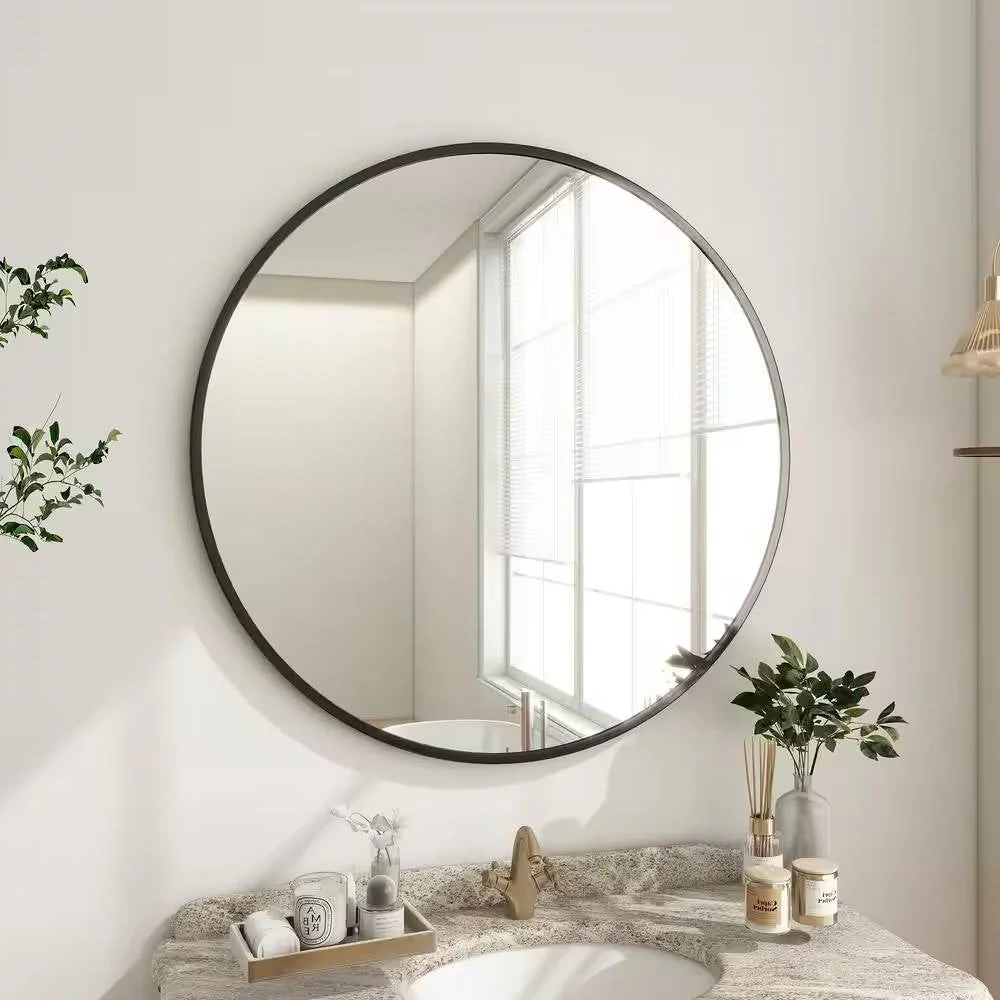 Round 24-inch Circular Bathroom Wall Mirror with Black Frame - Image 3