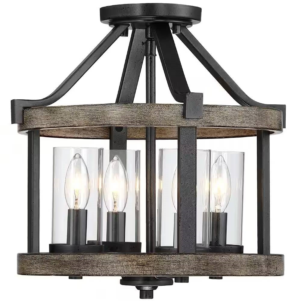 Round 4-Light 12.5-inch Metal Wood Farmhouse Ceiling Lamp - Semi-Flush Mount - Image 2