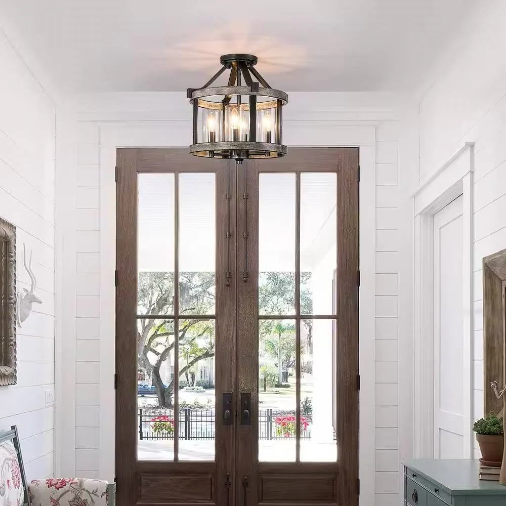 Round 4-Light 12.5-inch Metal Wood Farmhouse Ceiling Lamp - Semi-Flush Mount - Image 3