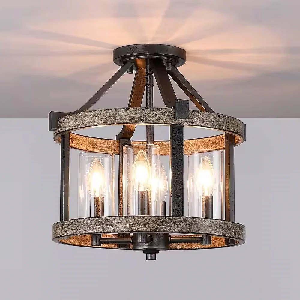 Round 4-Light 12.5-inch Metal Wood Farmhouse Ceiling Lamp - Semi-Flush Mount - Image 4