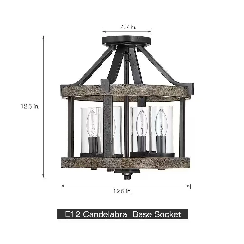 Round 4-Light 12.5-inch Metal Wood Farmhouse Ceiling Lamp - Semi-Flush Mount - Image 5