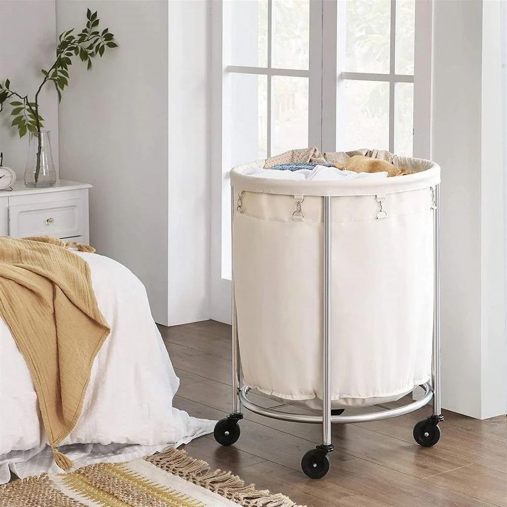 Round 45-Gallon Laundry Basket Hamper w/ Cream Fabric Bag Steel Frame on Wheels - Image 2