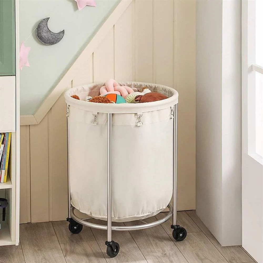 Round 45-Gallon Laundry Basket Hamper w/ Cream Fabric Bag Steel Frame on Wheels - Image 3