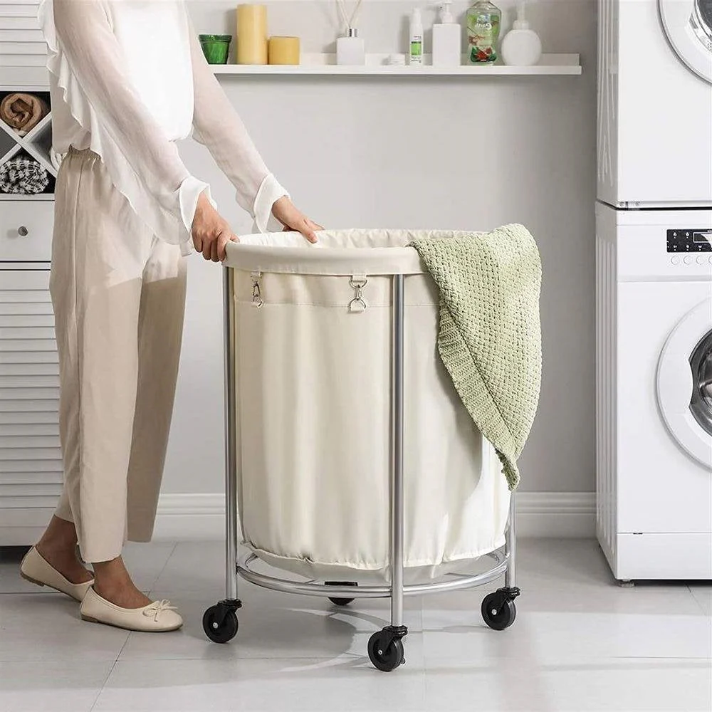 Round 45-Gallon Laundry Basket Hamper w/ Cream Fabric Bag Steel Frame on Wheels - Image 4