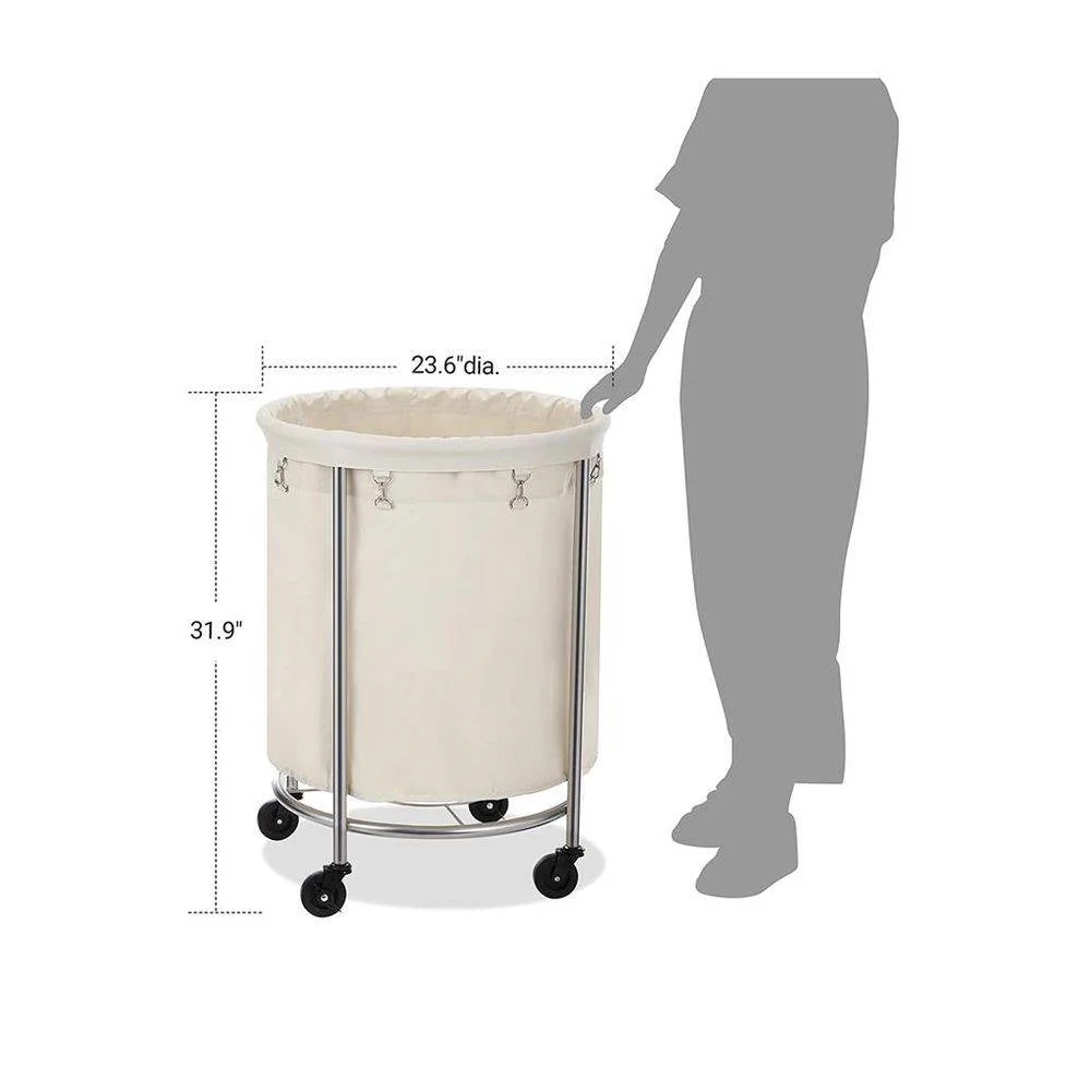 Round 45-Gallon Laundry Basket Hamper w/ Cream Fabric Bag Steel Frame on Wheels - Image 5