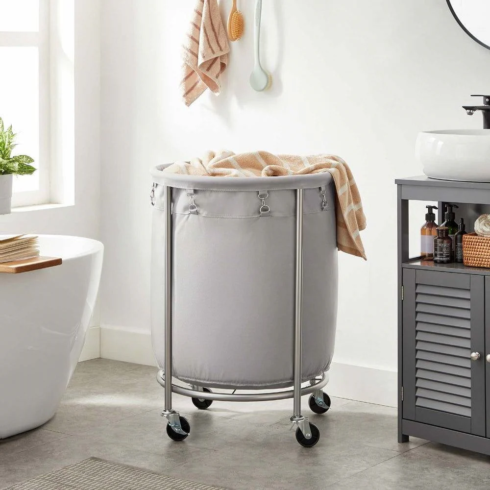 Round 45-Gallon Laundry Basket Hamper with Grey Fabric Bag Steel Frame on Wheels - Image 2