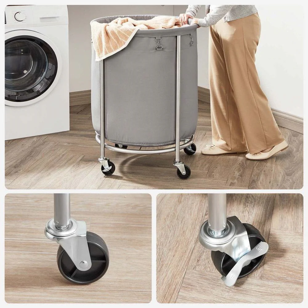 Round 45-Gallon Laundry Basket Hamper with Grey Fabric Bag Steel Frame on Wheels - Image 3