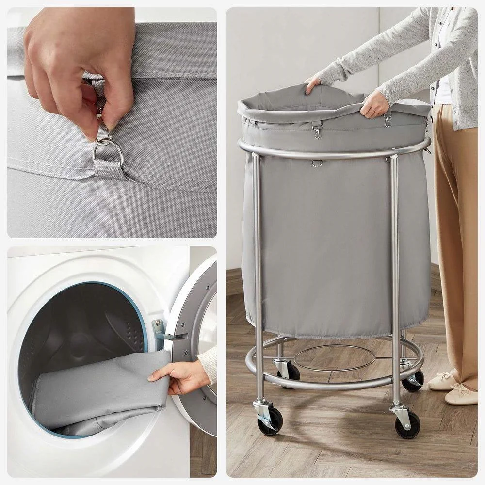 Round 45-Gallon Laundry Basket Hamper with Grey Fabric Bag Steel Frame on Wheels - Image 4