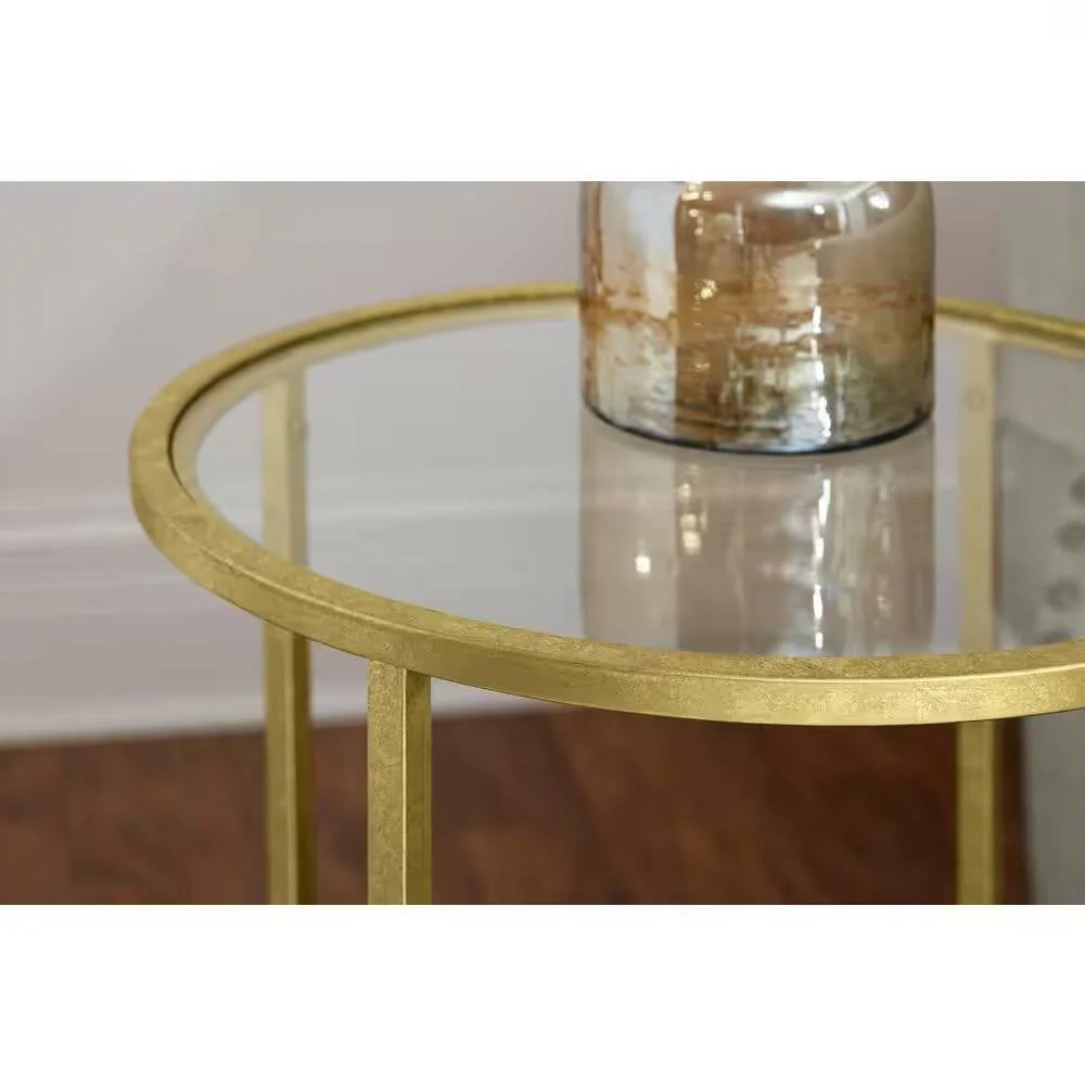 Round Accent Side Table Gold Metal Glass Top Bottom Shelf End Table - Image 2