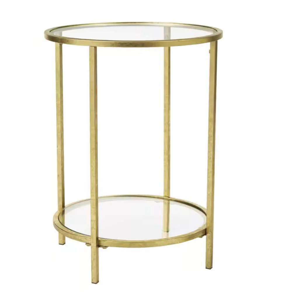 Round Accent Side Table Gold Metal Glass Top Bottom Shelf End Table - Image 3