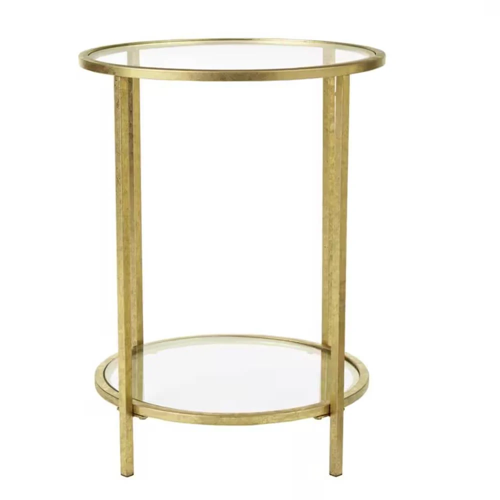 Round Accent Side Table Gold Metal Glass Top Bottom Shelf End Table - Image 4