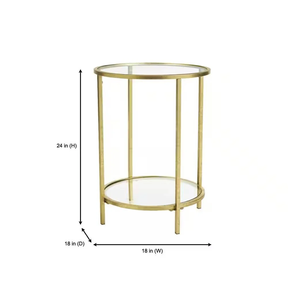 Round Accent Side Table Gold Metal Glass Top Bottom Shelf End Table - Image 5