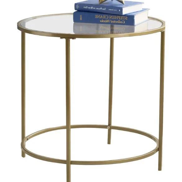 Round Glass Top End Table Nightstand with Gold Metal Frame - Image 2