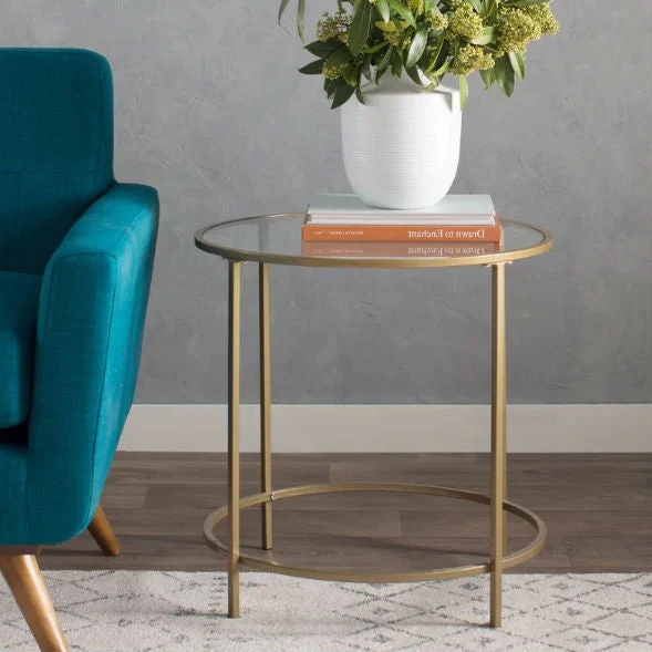 Round Glass Top End Table Nightstand with Gold Metal Frame - Image 3