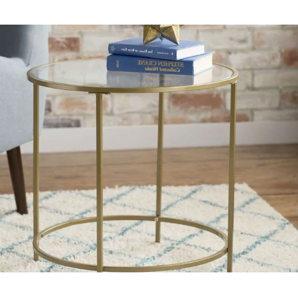 Round Glass Top End Table Nightstand with Gold Metal Frame - Image 4
