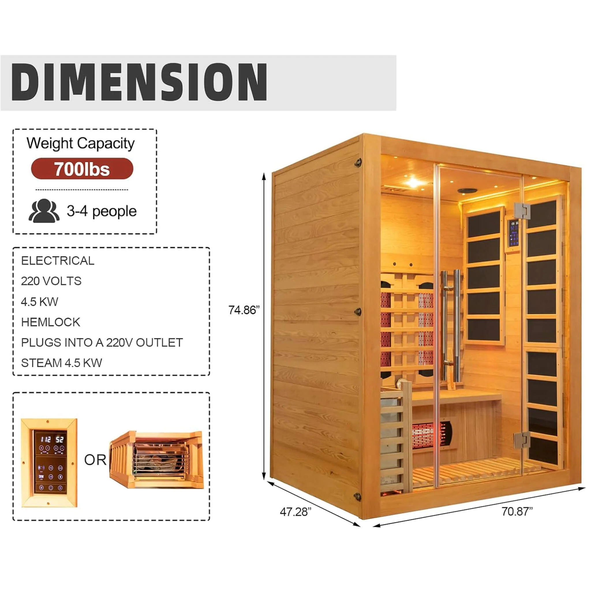 Rövia Aurora 3-Person Indoor Hybrid Sauna Room With Infrared And 4.5KW Steam Heater (SAK41592) - Image 9