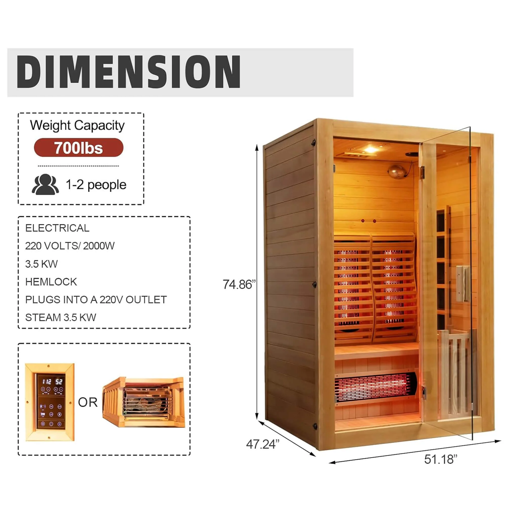 Rövia Luma 2-Person Indoor Hybrid Sauna Room With Infrared And 3.5KW Steam Heater (SAK83750) - Image 4