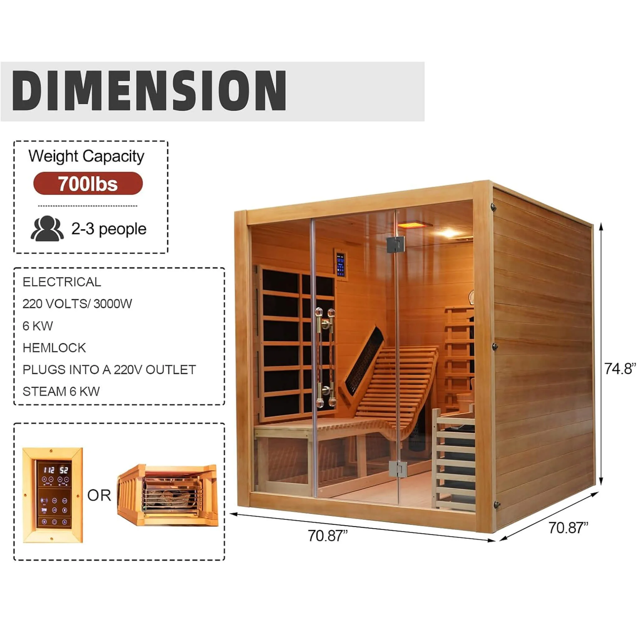 Rövia Oasis 3-Person Indoor Hybrid Sauna Room With Built-In Lounge Chair (SAK35182) - Image 9