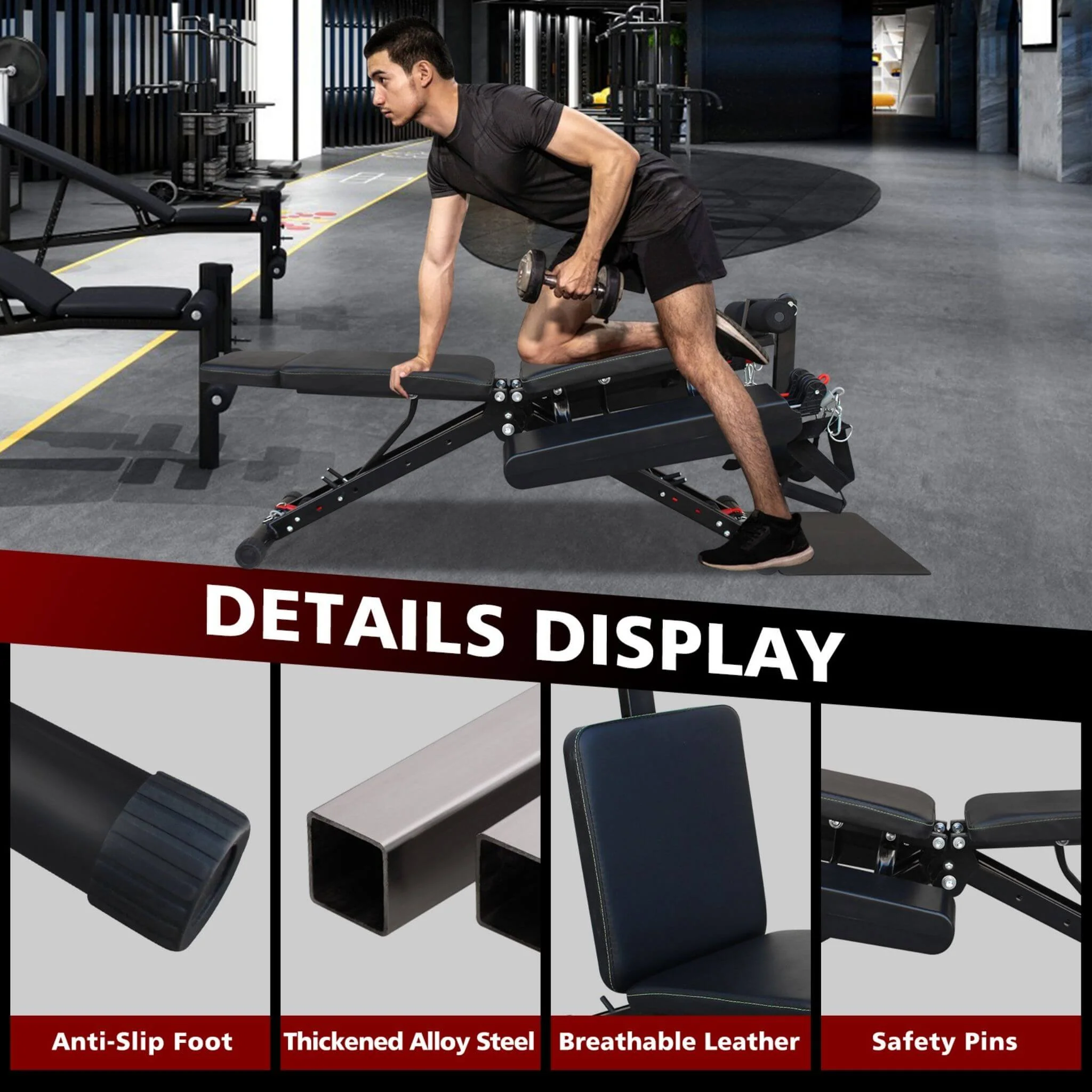 Rovix Foldable Multi-Functional Weight Bench For Full-Body Workouts With Resistance Bands, Footrest, And Leg Extender (SAK73642) - Image 5
