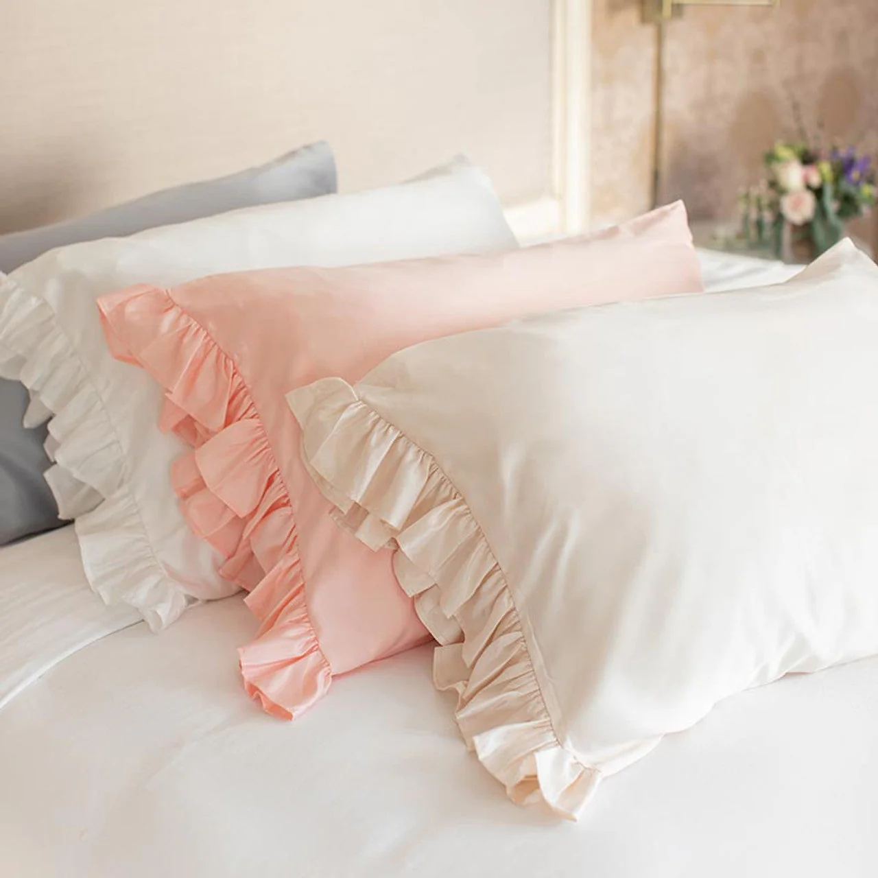 Ruffled Satin Pillowcase in Gray | Standard Size - Image 3