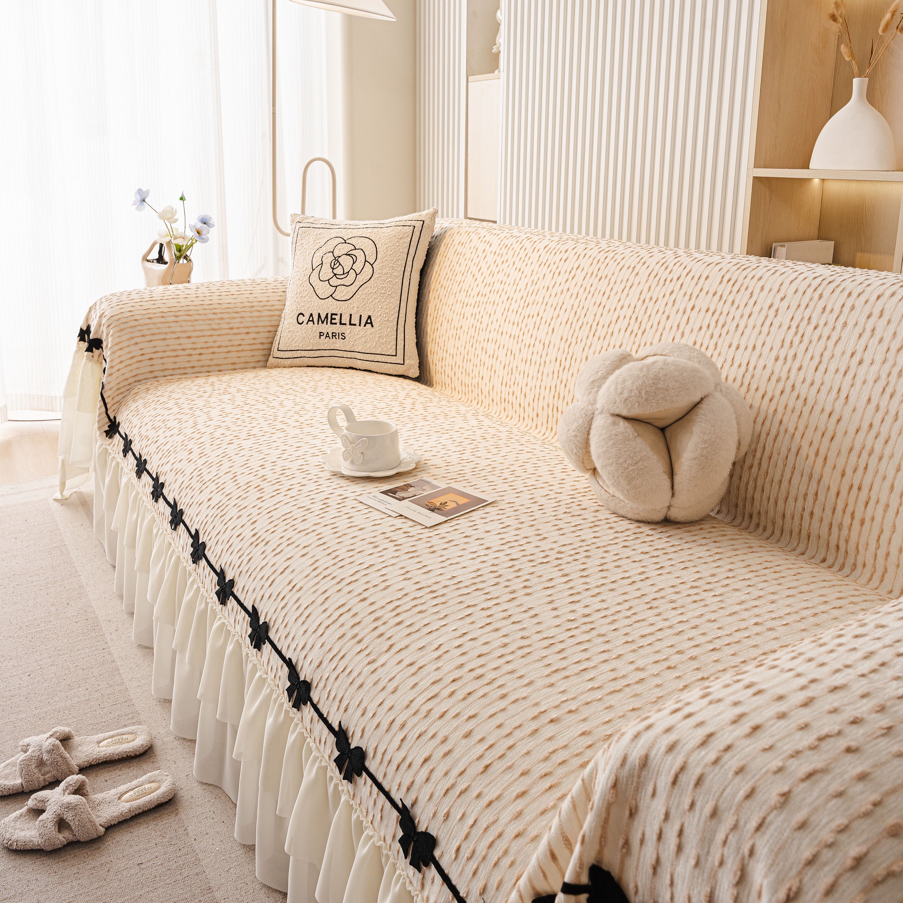 Ruffled Sofa Cover with Bowknot Decor, French Country Style Skirted Couch Slipcover - Image 10