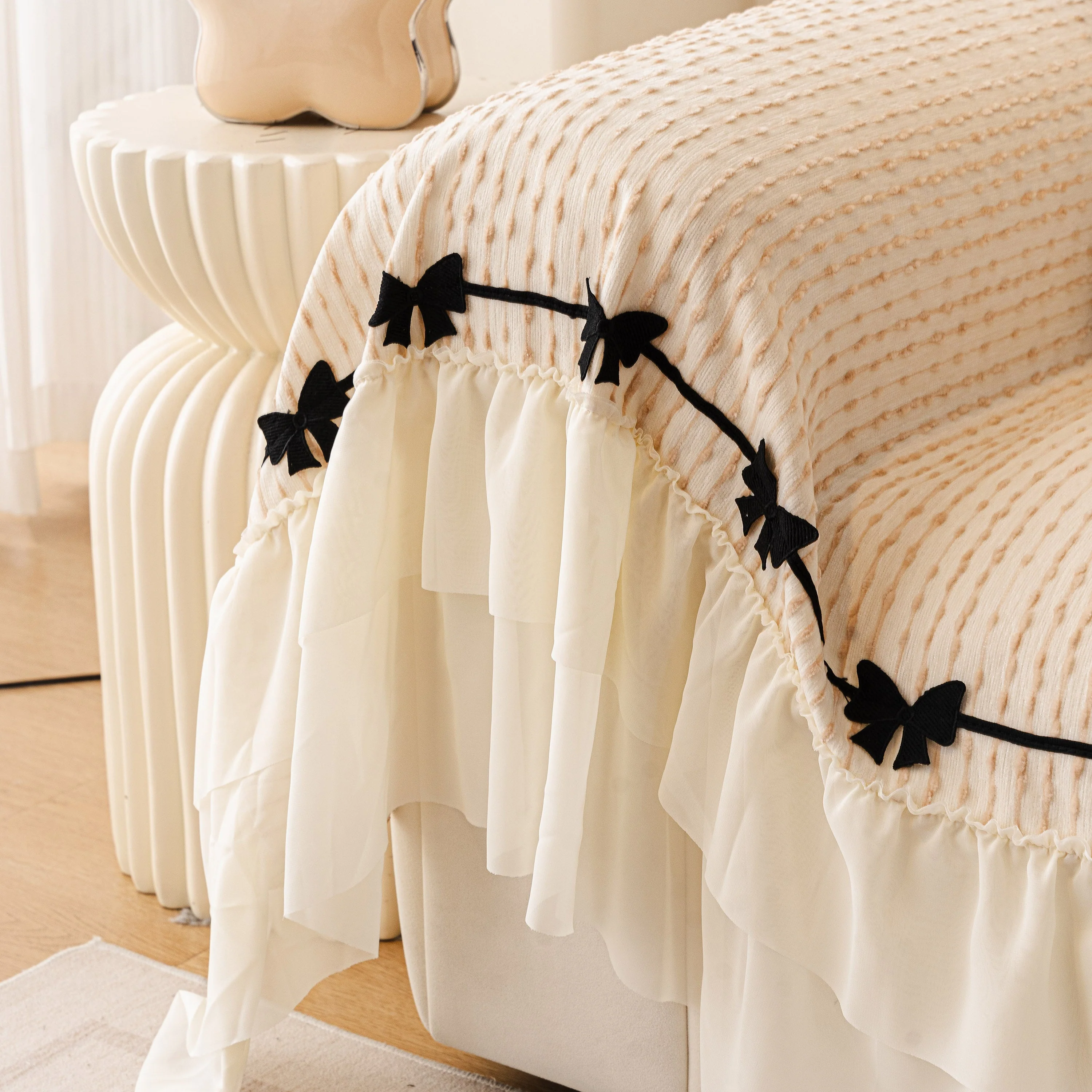 Ruffled Sofa Cover with Bowknot Decor, French Country Style Skirted Couch Slipcover - Image 12