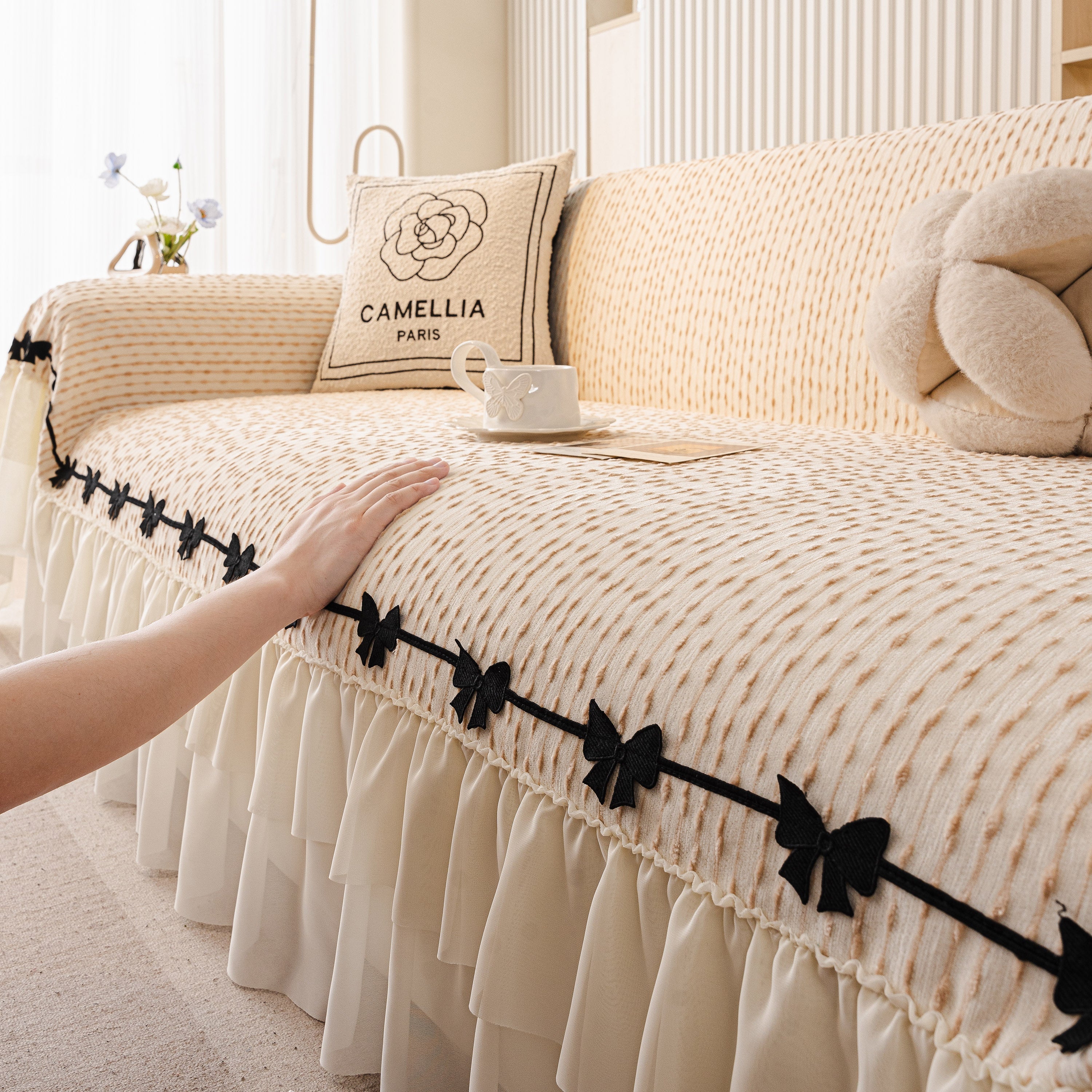 Ruffled Sofa Cover with Bowknot Decor, French Country Style Skirted Couch Slipcover - Image 13