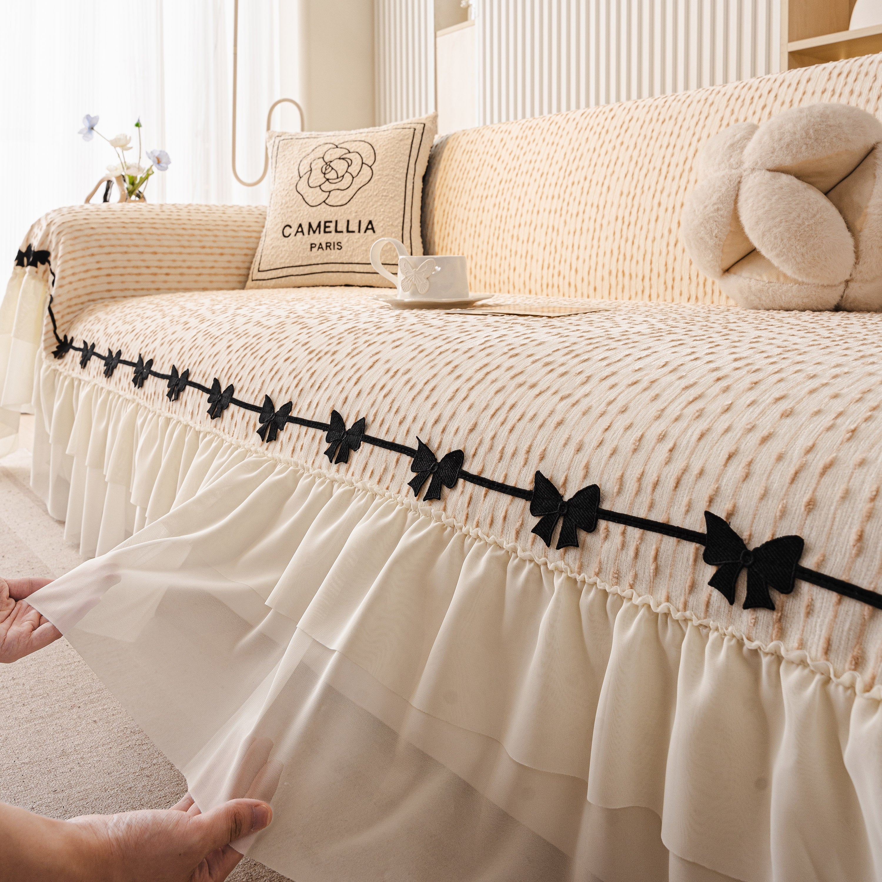 Ruffled Sofa Cover with Bowknot Decor, French Country Style Skirted Couch Slipcover - Image 14