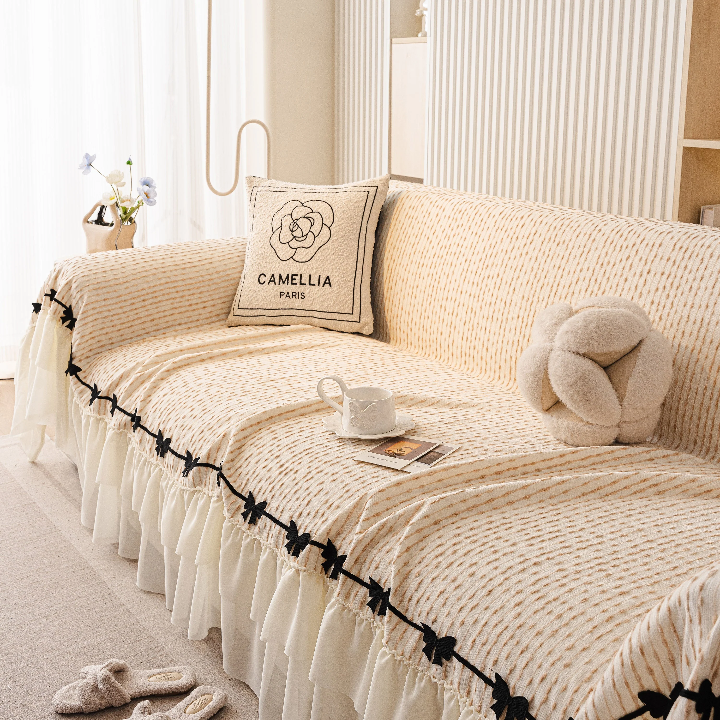 Ruffled Sofa Cover with Bowknot Decor, French Country Style Skirted Couch Slipcover - Image 16