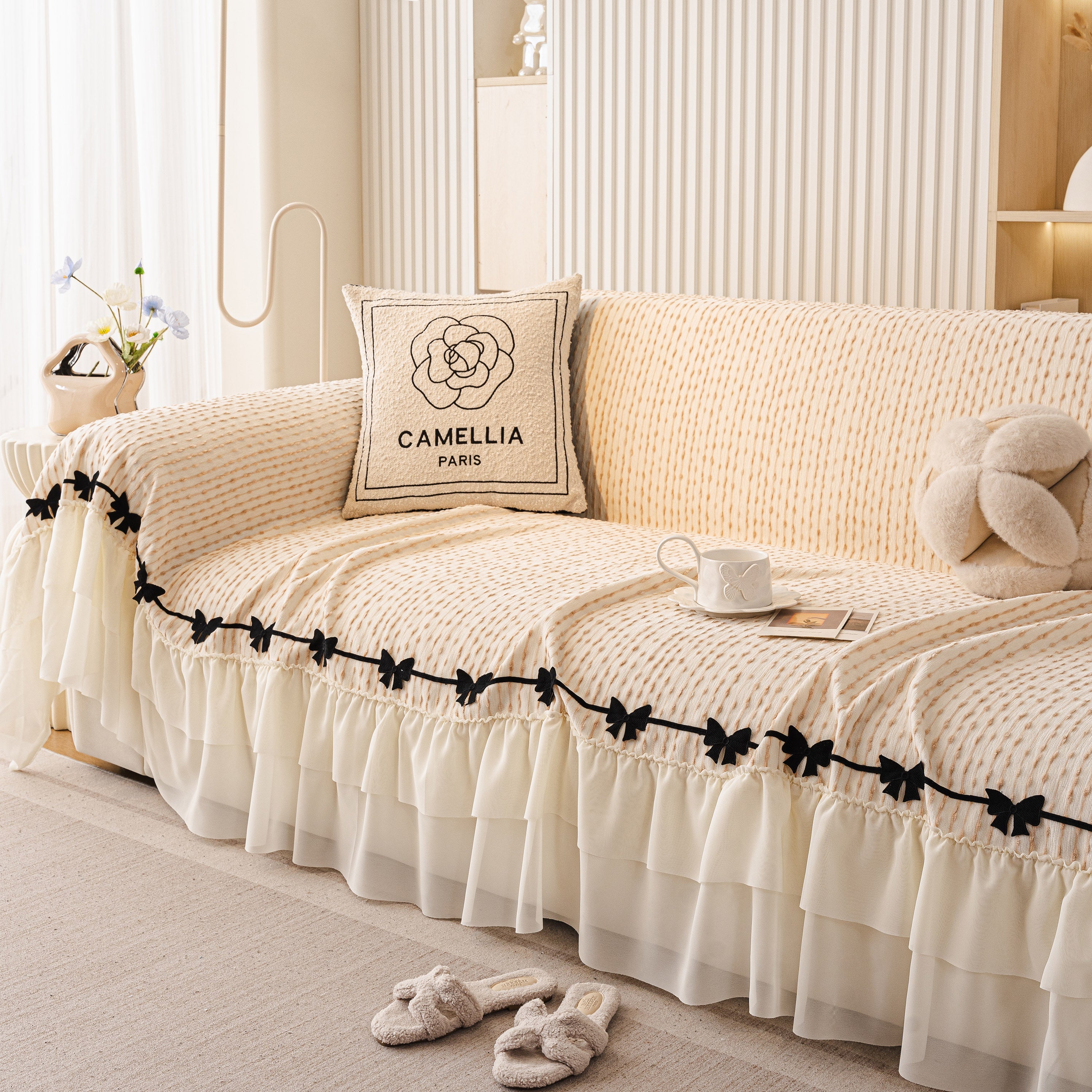 Ruffled Sofa Cover with Bowknot Decor, French Country Style Skirted Couch Slipcover - Image 17