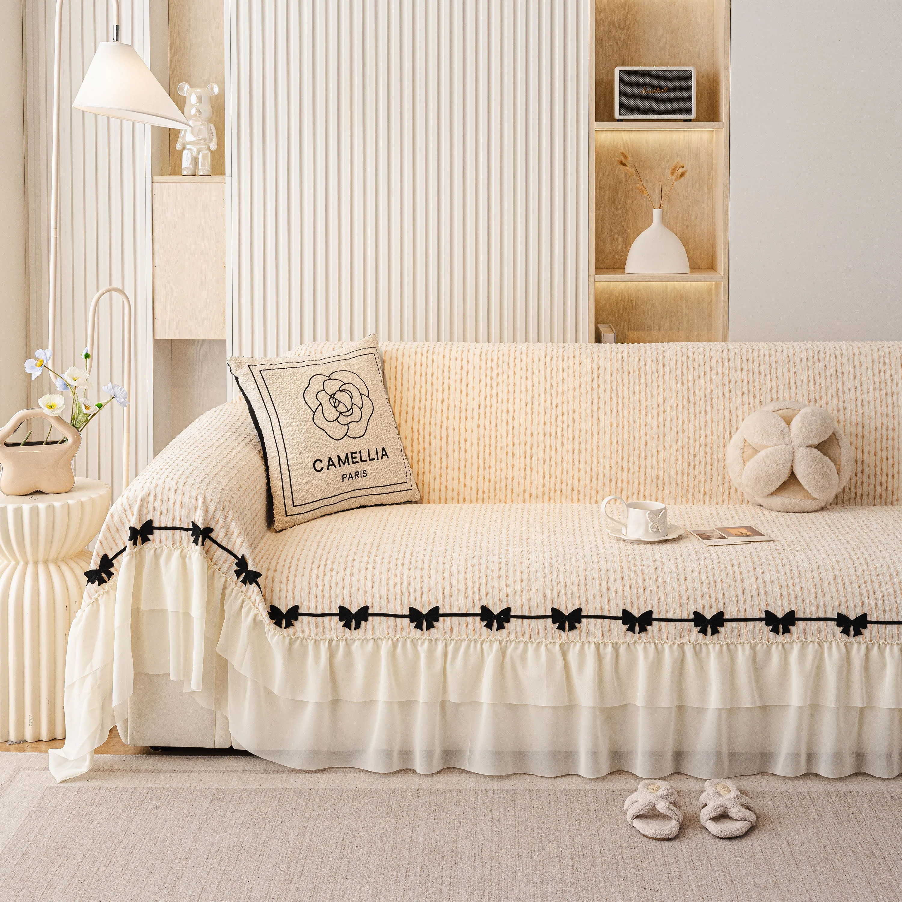Ruffled Sofa Cover with Bowknot Decor, French Country Style Skirted Couch Slipcover - Image 2