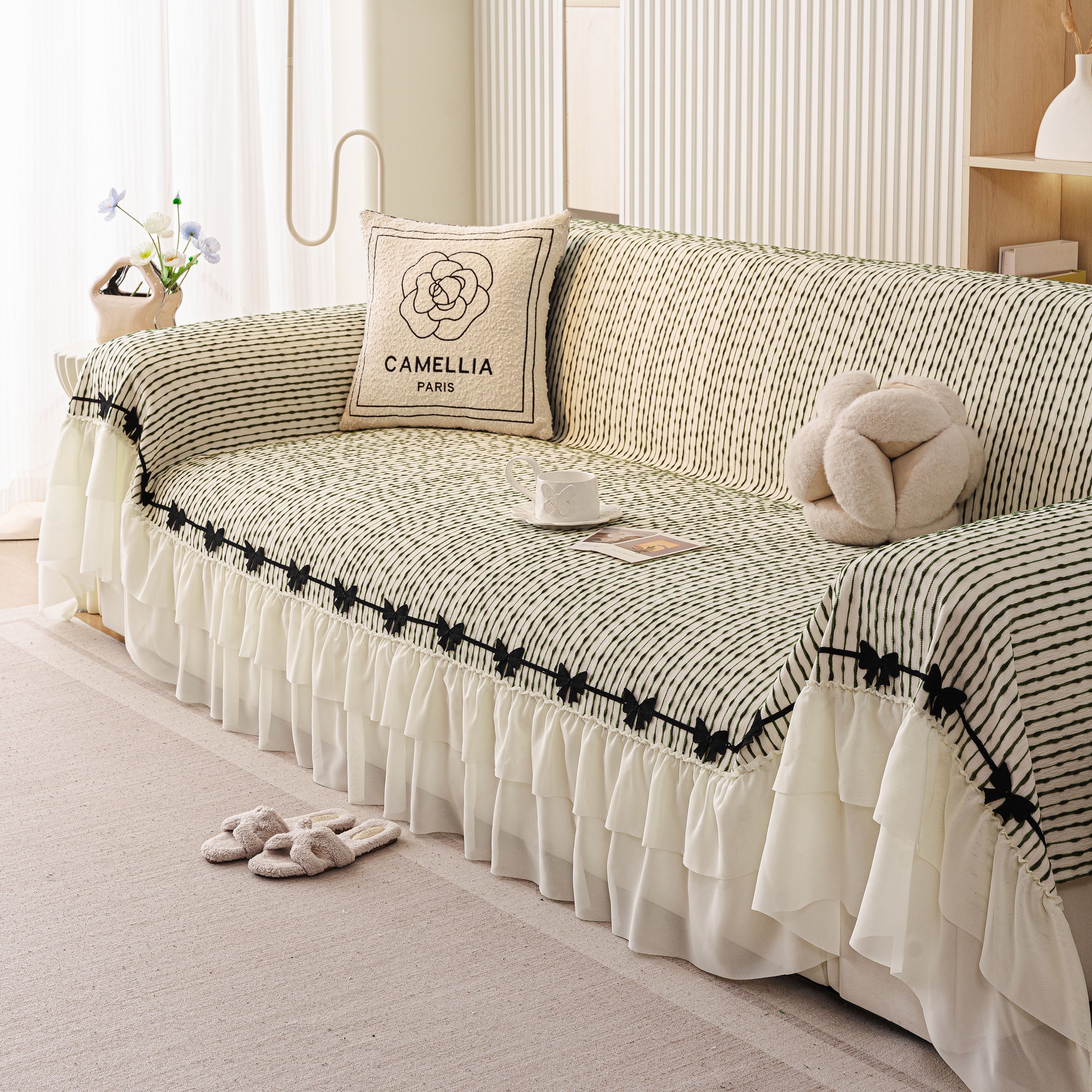 Ruffled Sofa Cover with Bowknot Decor, French Country Style Skirted Couch Slipcover - Image 22