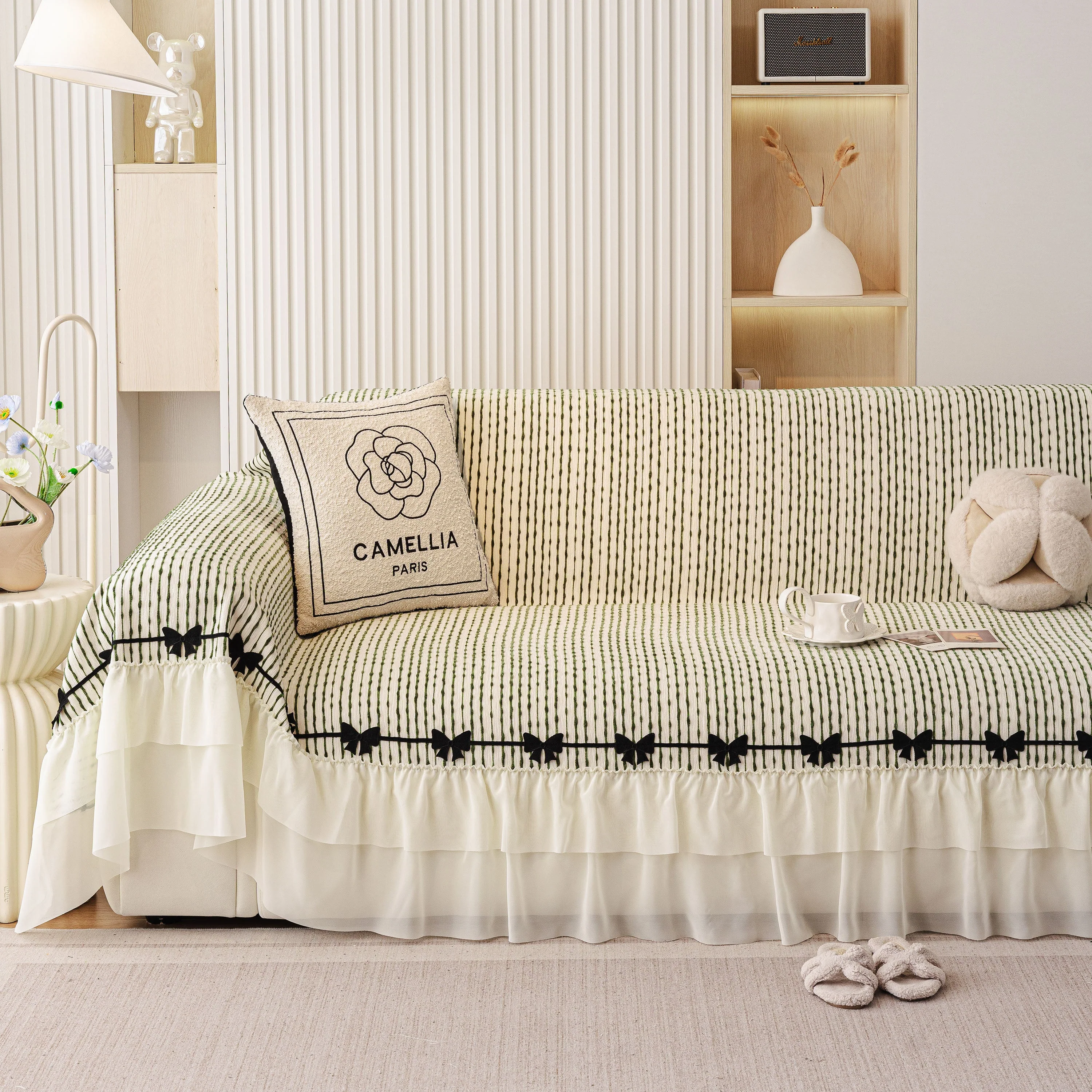 Ruffled Sofa Cover with Bowknot Decor, French Country Style Skirted Couch Slipcover - Image 23