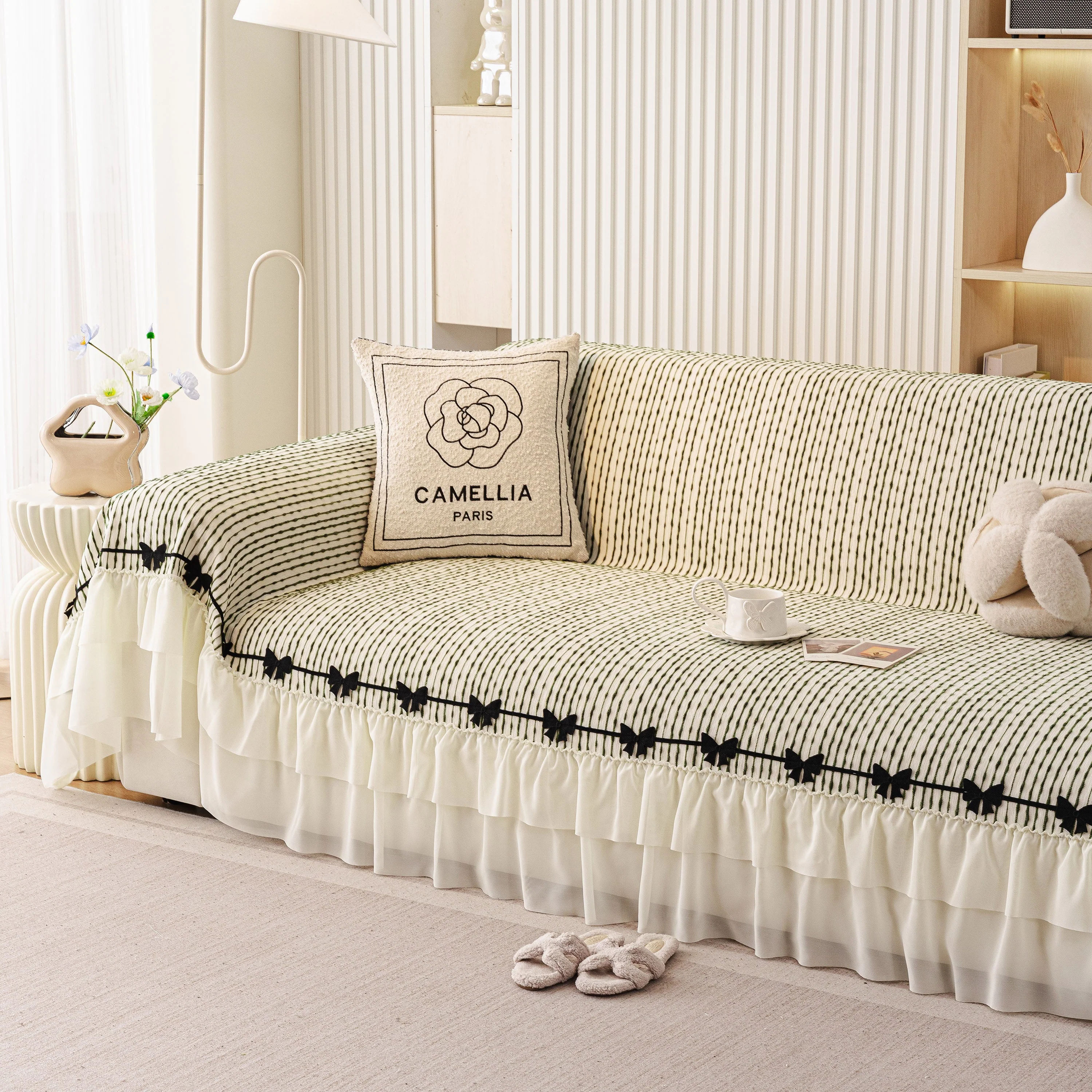 Ruffled Sofa Cover with Bowknot Decor, French Country Style Skirted Couch Slipcover - Image 24