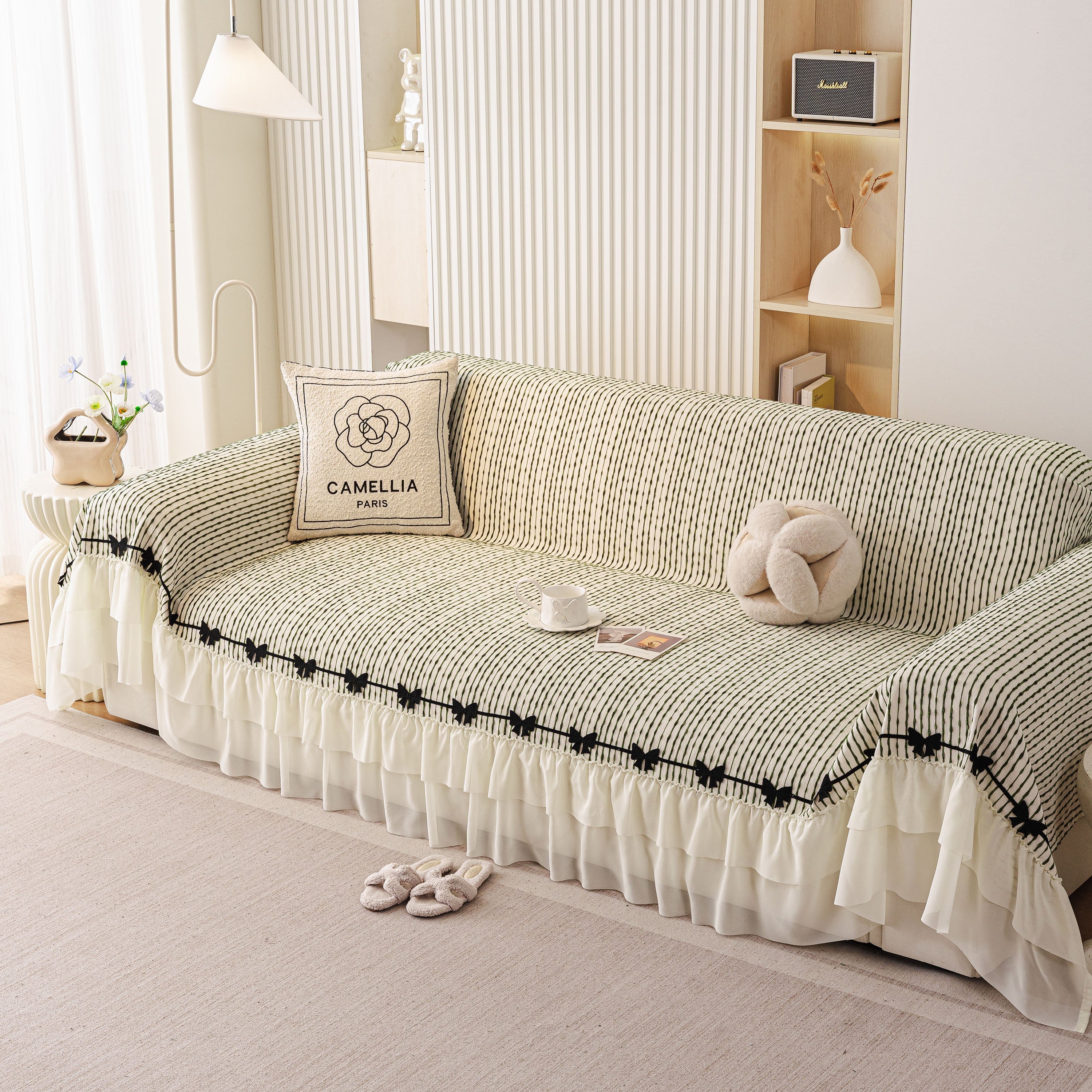Ruffled Sofa Cover with Bowknot Decor, French Country Style Skirted Couch Slipcover - Image 25