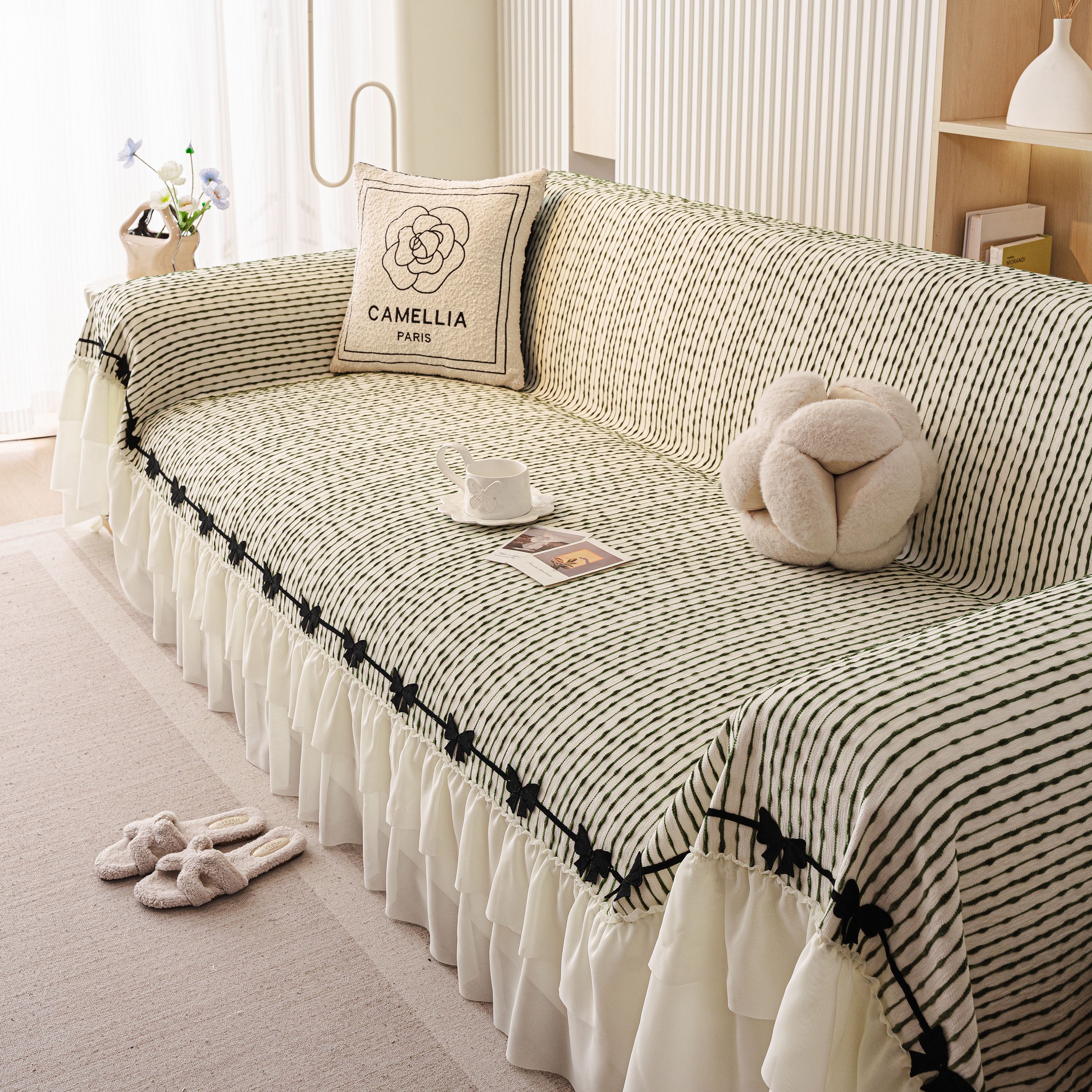 Ruffled Sofa Cover with Bowknot Decor, French Country Style Skirted Couch Slipcover - Image 26
