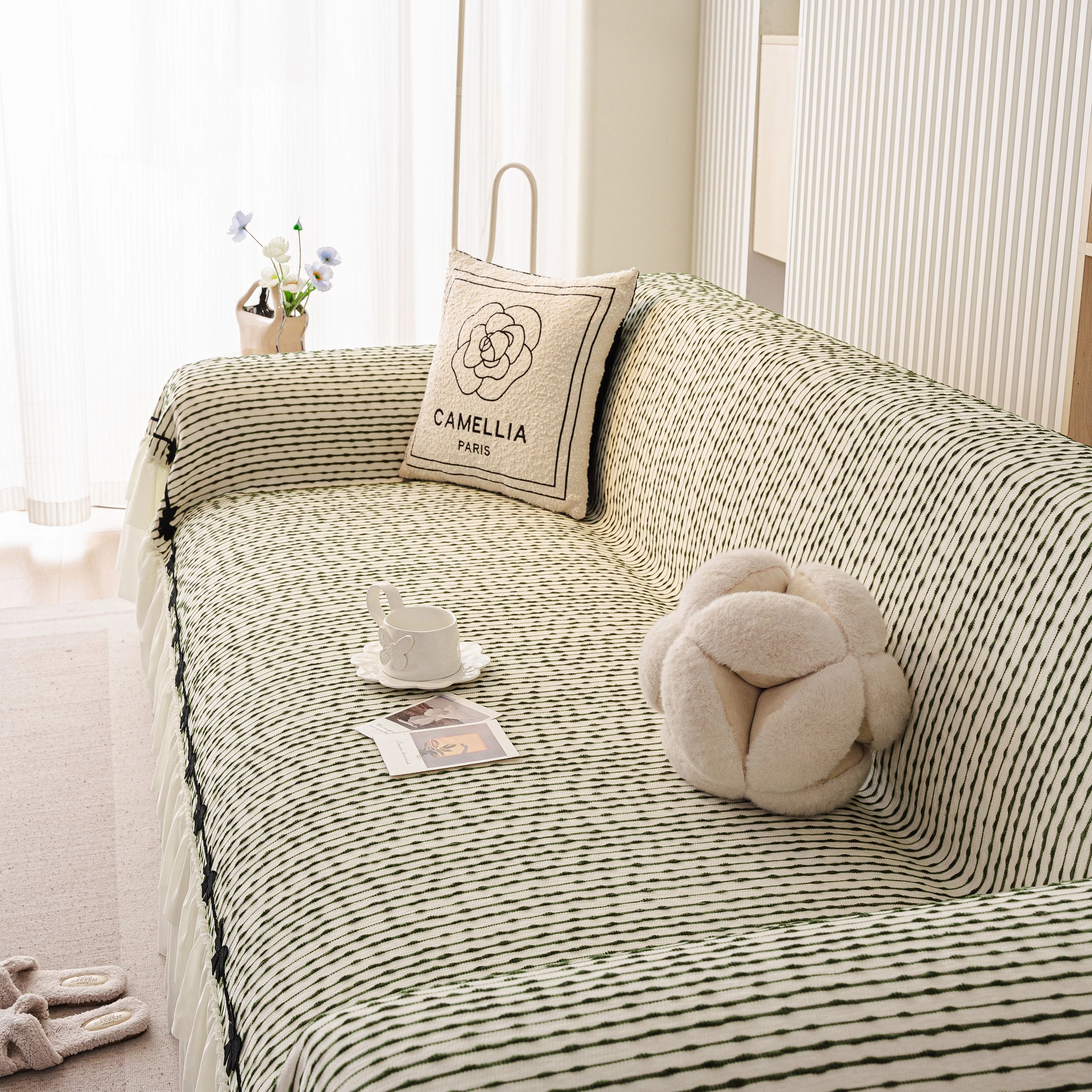 Ruffled Sofa Cover with Bowknot Decor, French Country Style Skirted Couch Slipcover - Image 27