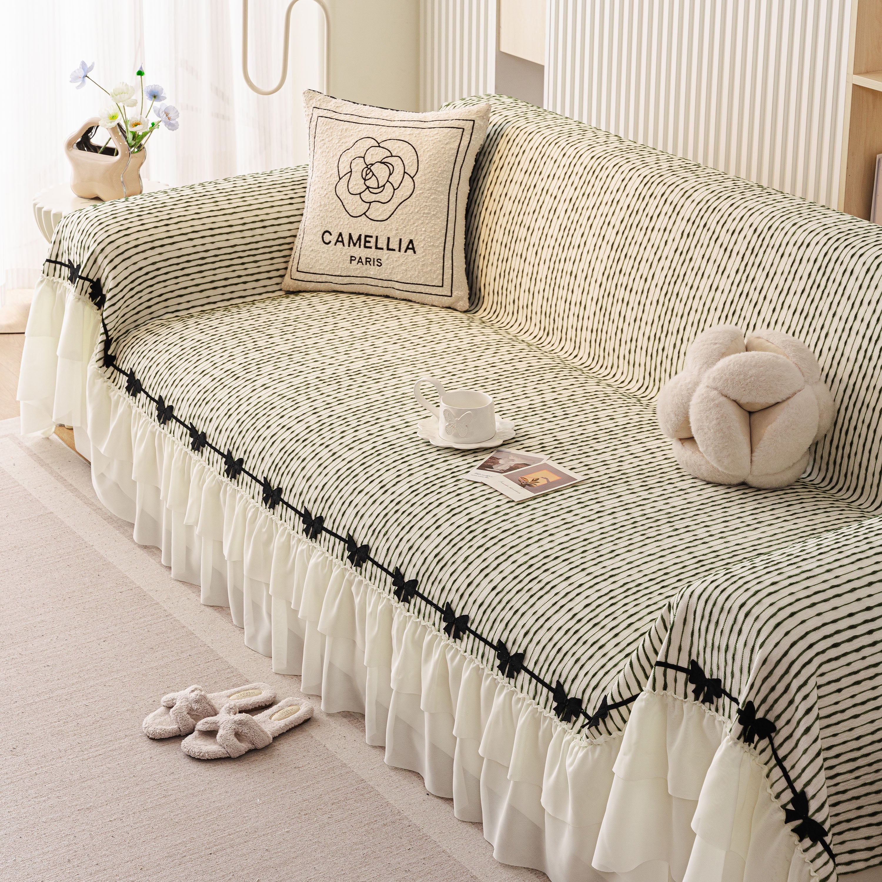 Ruffled Sofa Cover with Bowknot Decor, French Country Style Skirted Couch Slipcover - Image 28
