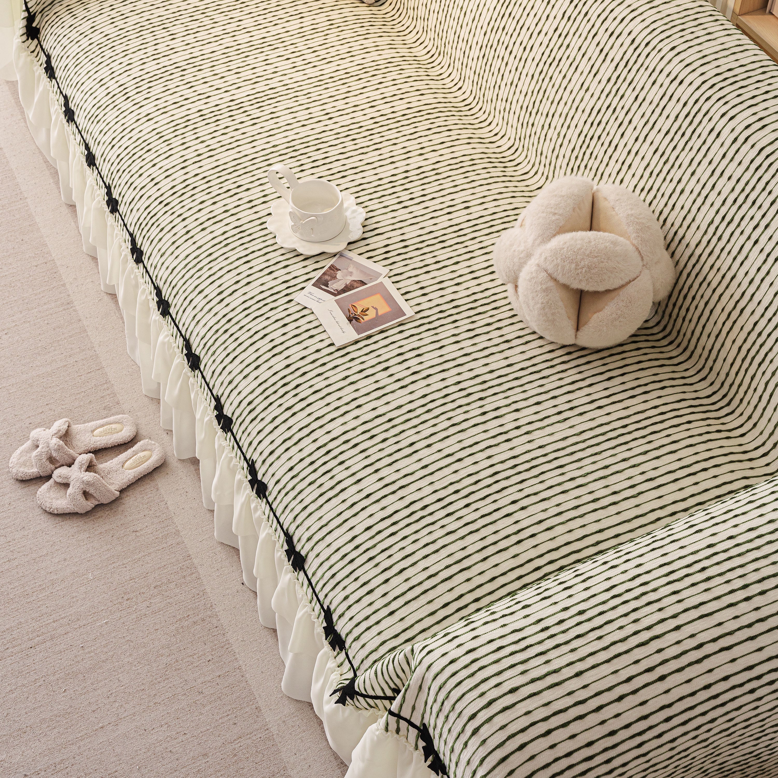 Ruffled Sofa Cover with Bowknot Decor, French Country Style Skirted Couch Slipcover - Image 29