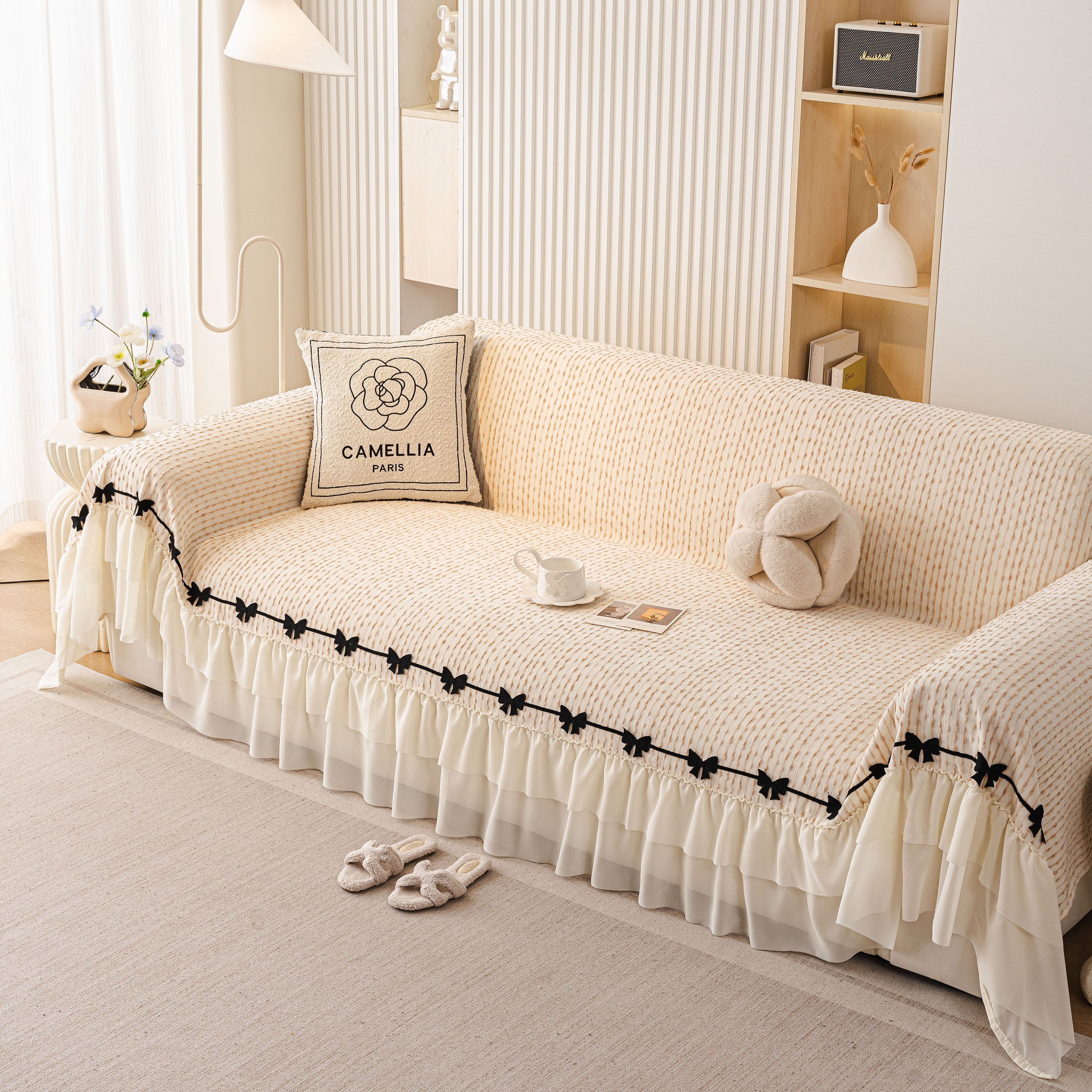 Ruffled Sofa Cover with Bowknot Decor, French Country Style Skirted Couch Slipcover - Image 3