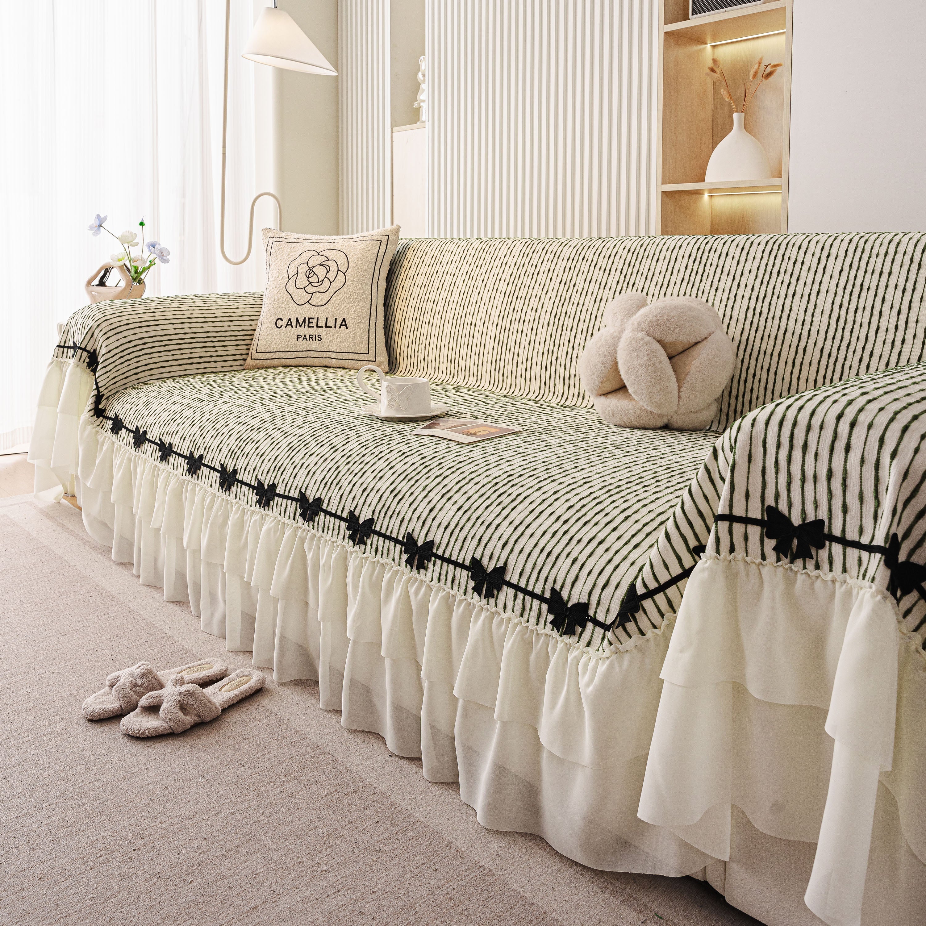 Ruffled Sofa Cover with Bowknot Decor, French Country Style Skirted Couch Slipcover - Image 30