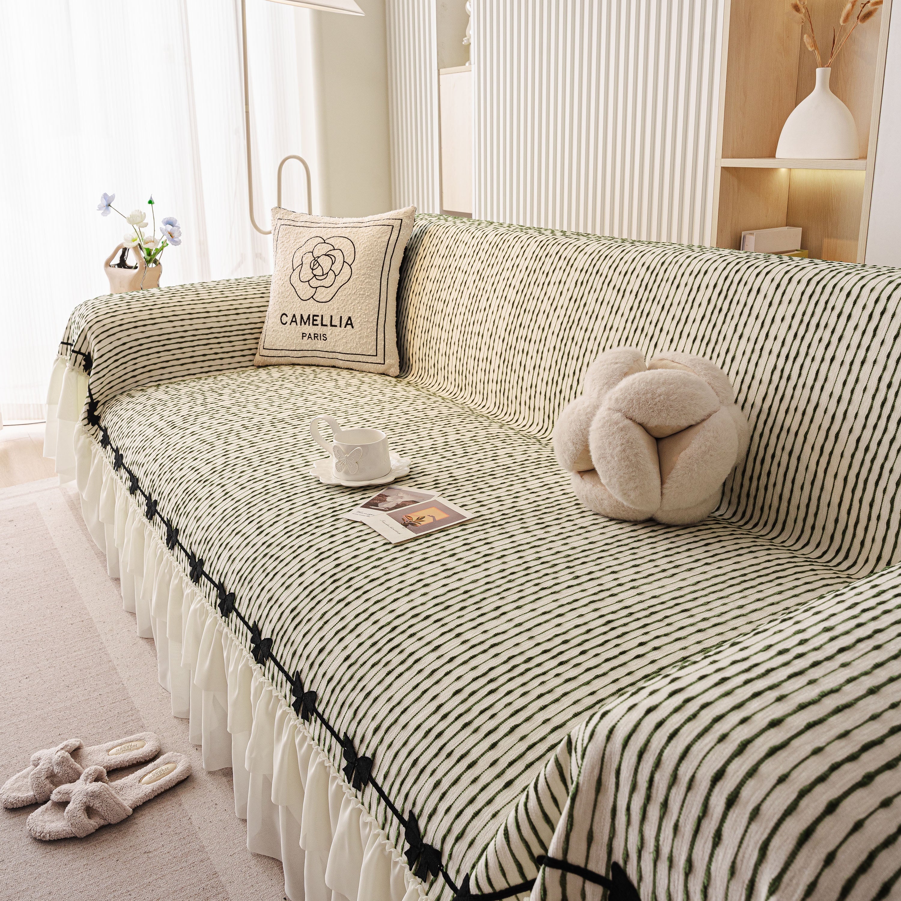 Ruffled Sofa Cover with Bowknot Decor, French Country Style Skirted Couch Slipcover - Image 31