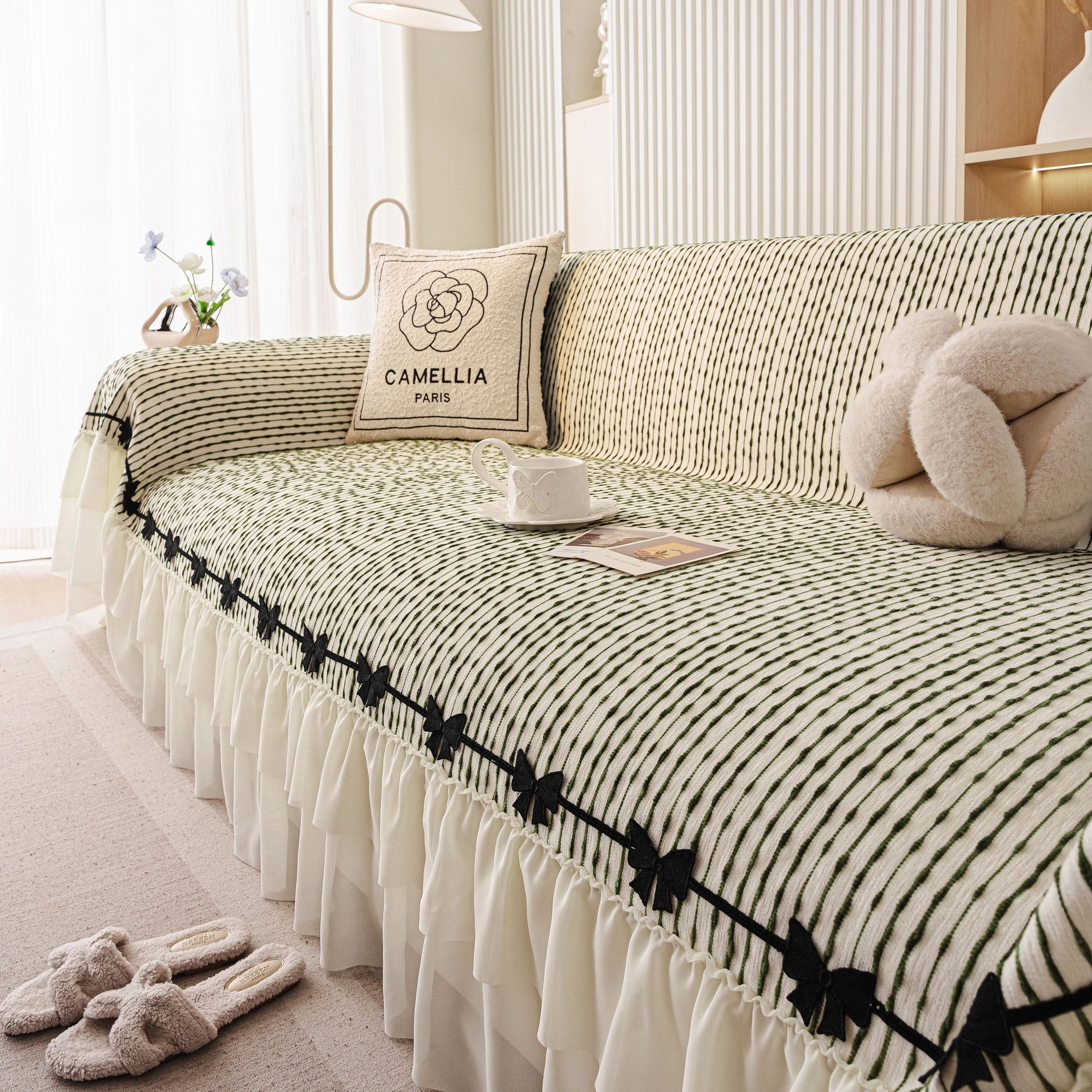 Ruffled Sofa Cover with Bowknot Decor, French Country Style Skirted Couch Slipcover - Image 32