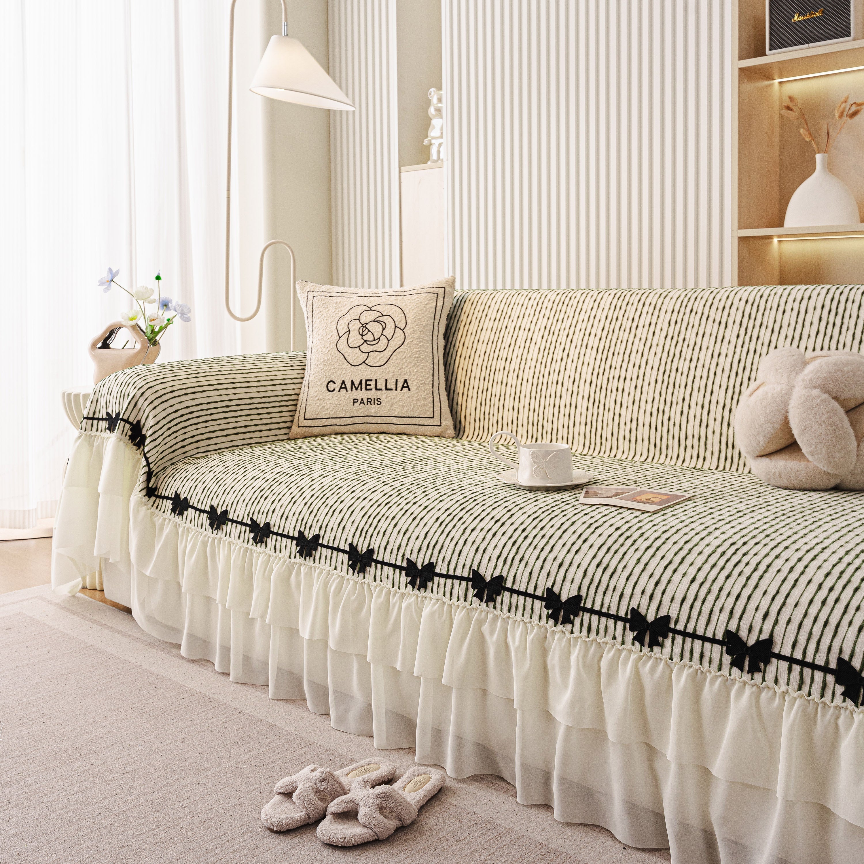 Ruffled Sofa Cover with Bowknot Decor, French Country Style Skirted Couch Slipcover - Image 33