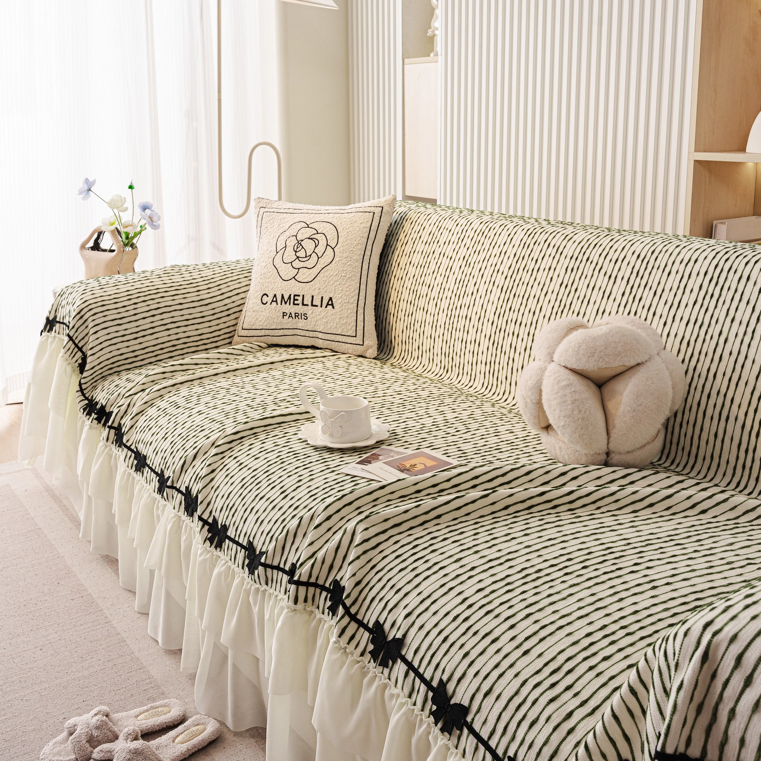 Ruffled Sofa Cover with Bowknot Decor, French Country Style Skirted Couch Slipcover - Image 35