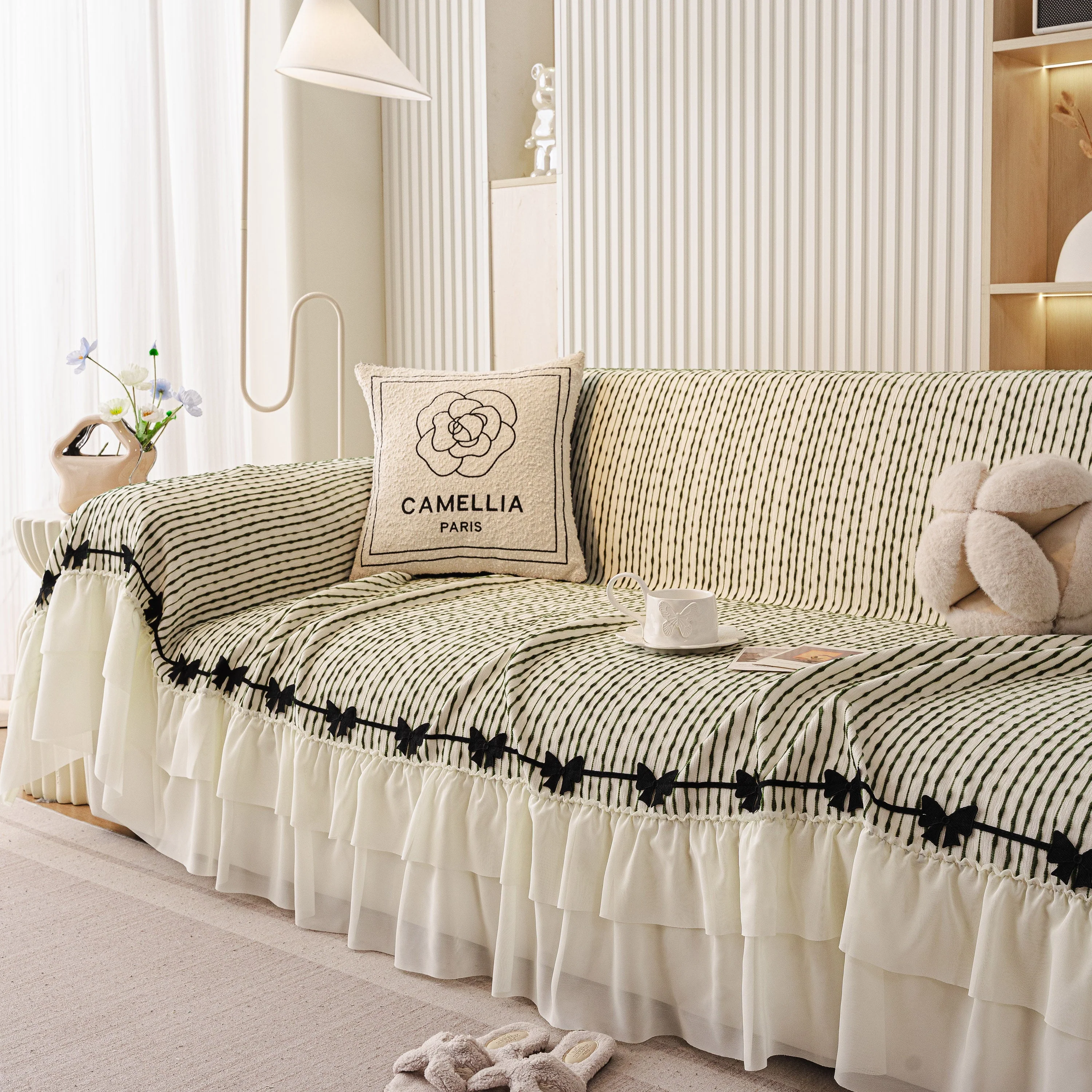 Ruffled Sofa Cover with Bowknot Decor, French Country Style Skirted Couch Slipcover - Image 36