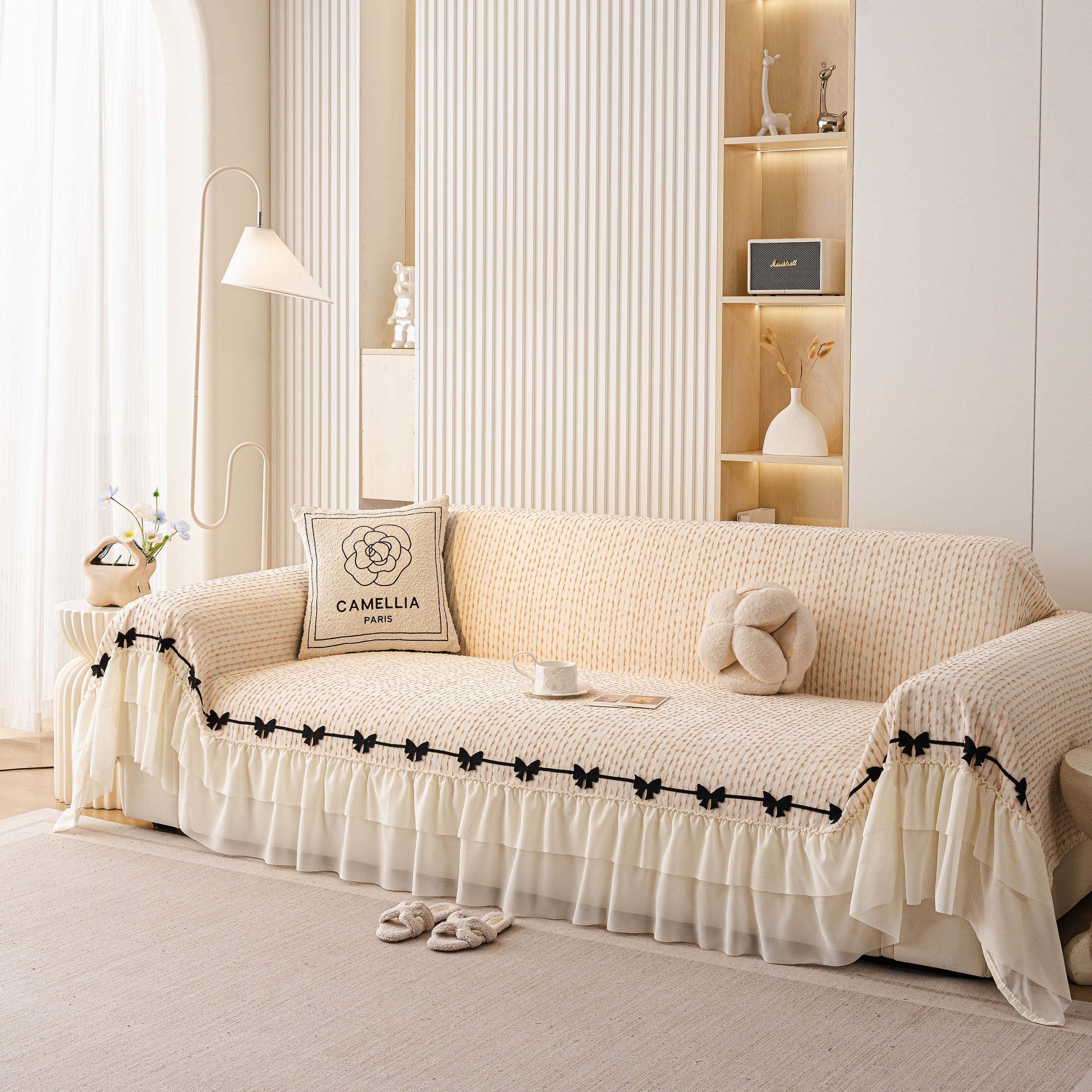 Ruffled Sofa Cover with Bowknot Decor, French Country Style Skirted Couch Slipcover - Image 4