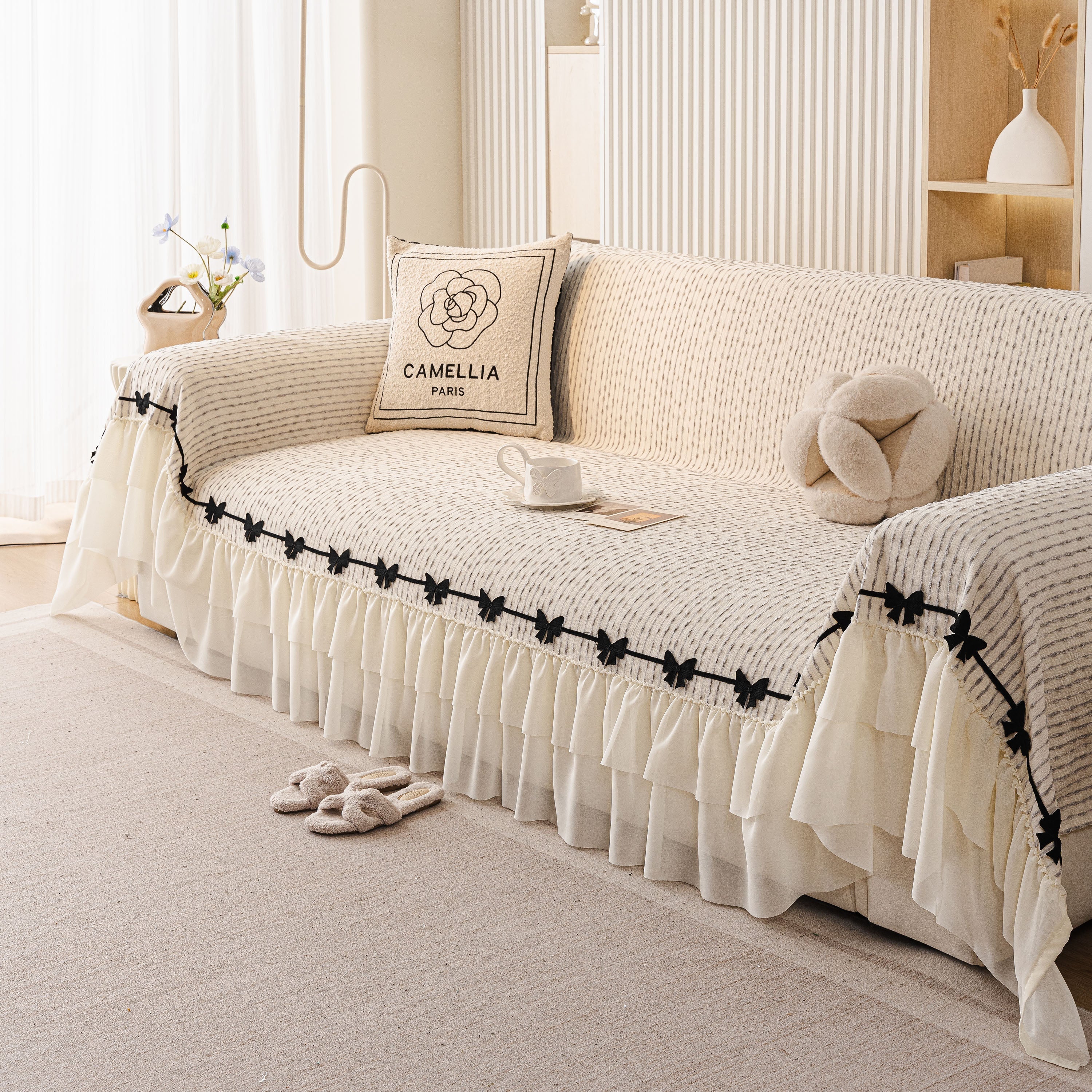 Ruffled Sofa Cover with Bowknot Decor, French Country Style Skirted Couch Slipcover - Image 40