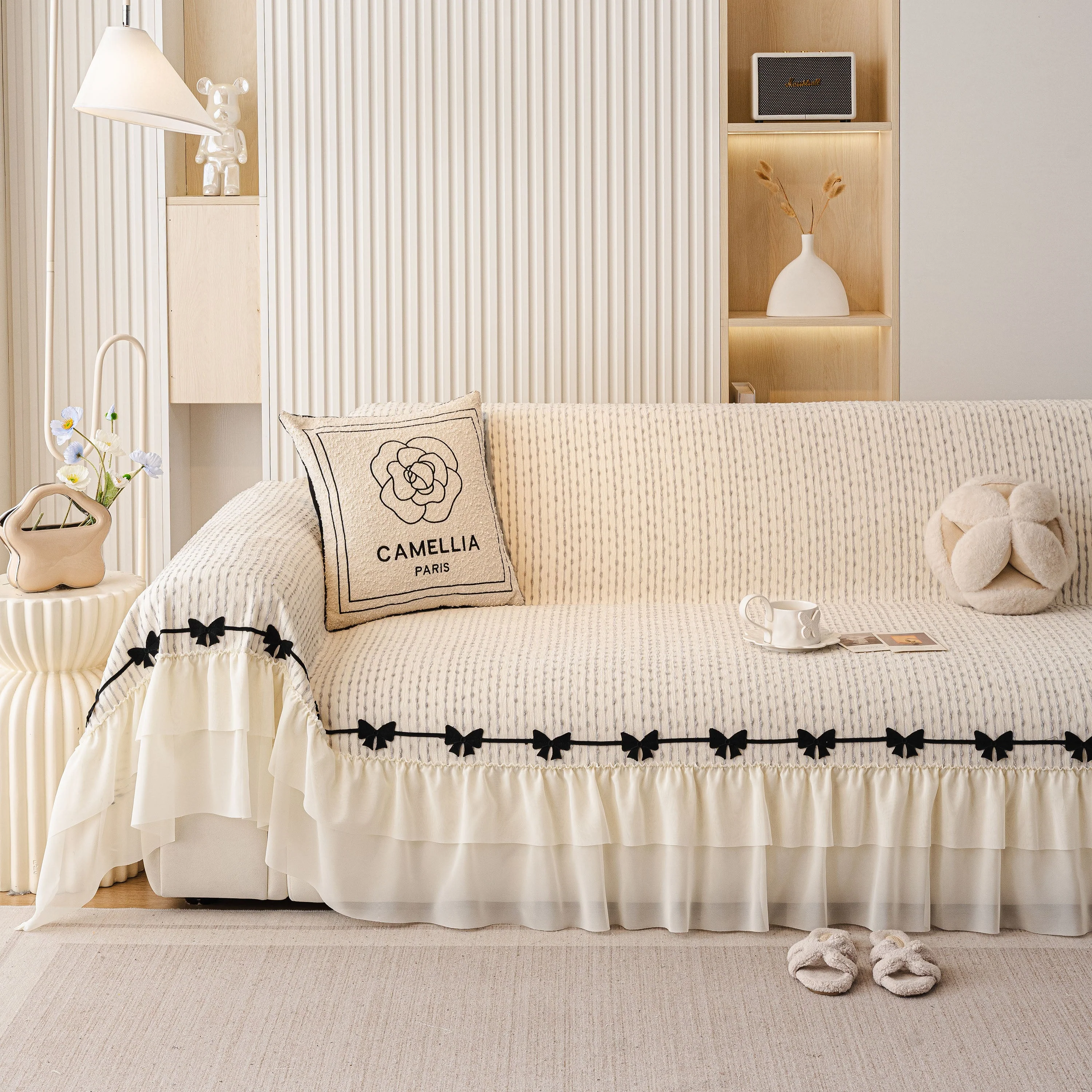 Ruffled Sofa Cover with Bowknot Decor, French Country Style Skirted Couch Slipcover - Image 41