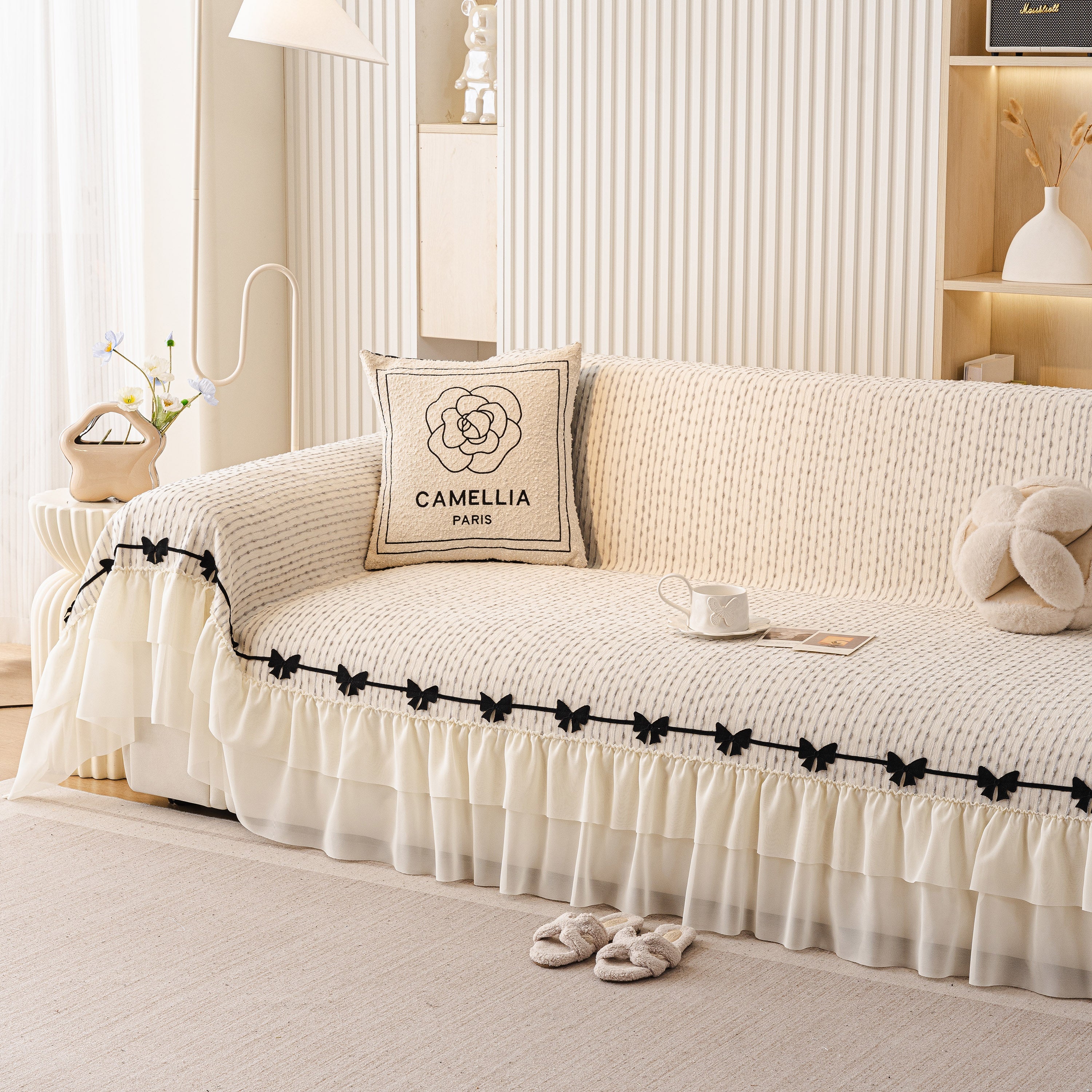 Ruffled Sofa Cover with Bowknot Decor, French Country Style Skirted Couch Slipcover - Image 42